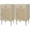 HOMCOM Tall Nightstands Set of 2, Boho Bedside Tables with Drawer, Cabinet, Adjustable Shelf, Rattan End Tables with Storage for Bedroom, Oak