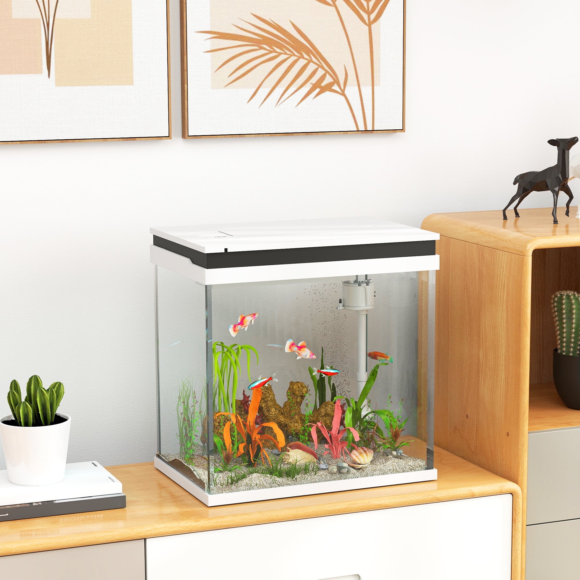 PawHut Fish Tank, 26L Glass Aquarium with Filter System, LED Lights, Water Pump, Betta Fish Tank for Goldfish, Shrimps, White