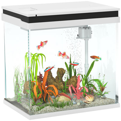 PawHut Fish Tank, 26L Glass Aquarium with Filter System, LED Lights, Water Pump, Betta Fish Tank for Goldfish, Shrimps, White