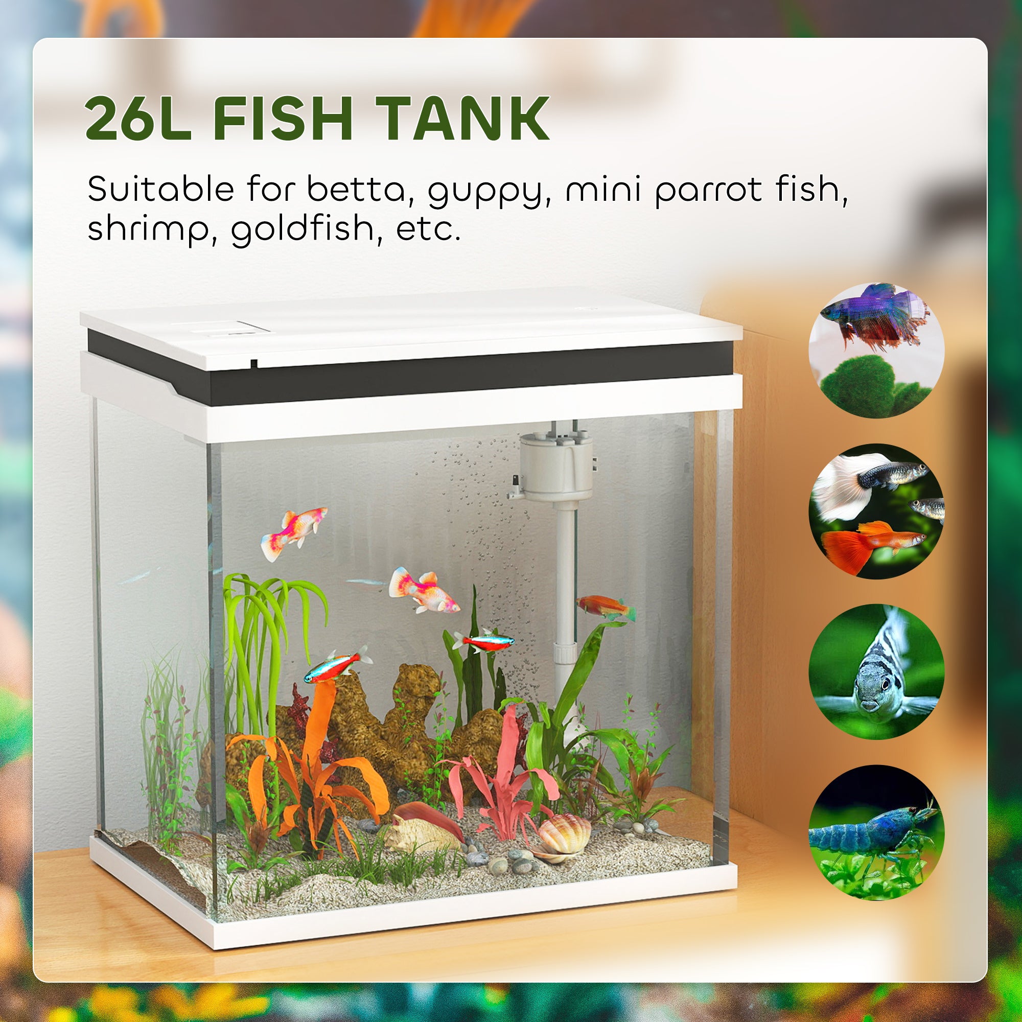 PawHut Fish Tank, 26L Glass Aquarium with Filter System, LED Lights, Water Pump, Betta Fish Tank for Goldfish, Shrimps, White