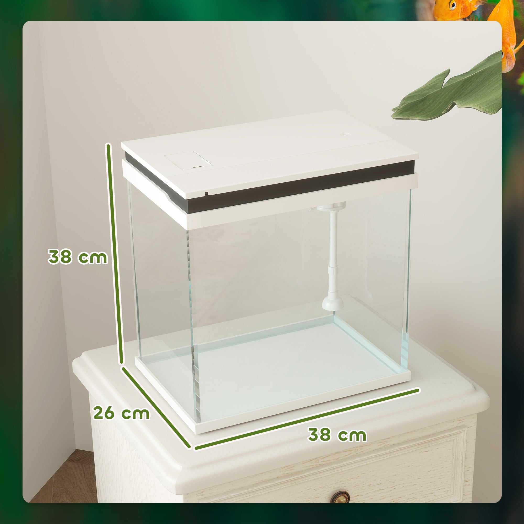 PawHut Fish Tank, 26L Glass Aquarium with Filter System, LED Lights, Water Pump, Betta Fish Tank for Goldfish, Shrimps, White