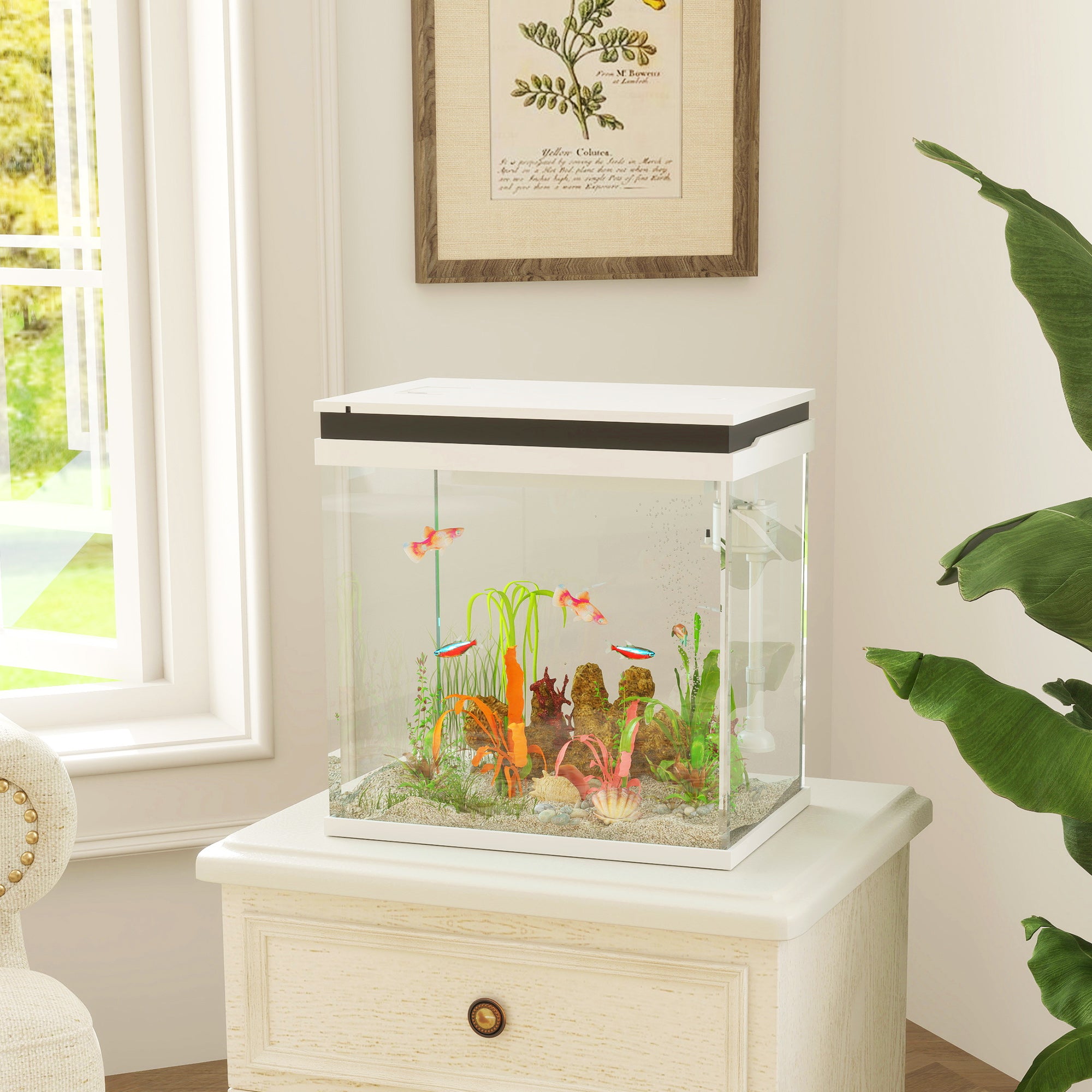 PawHut Fish Tank, 26L Glass Aquarium with Filter System, LED Lights, Water Pump, Betta Fish Tank for Goldfish, Shrimps, White