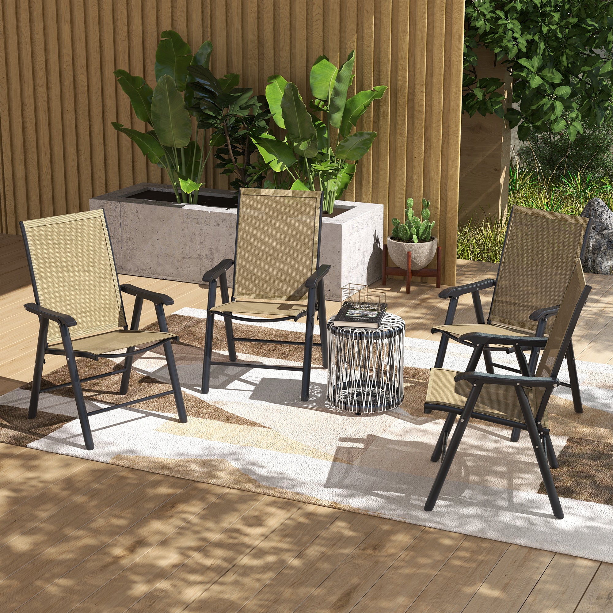 Outsunny 4-Piece Folding Dining Chair Set for Relaxing on Patio, Balcony, or Garden, Comfortable Outdoor Furniture with Armrests, Light Mixed Brown