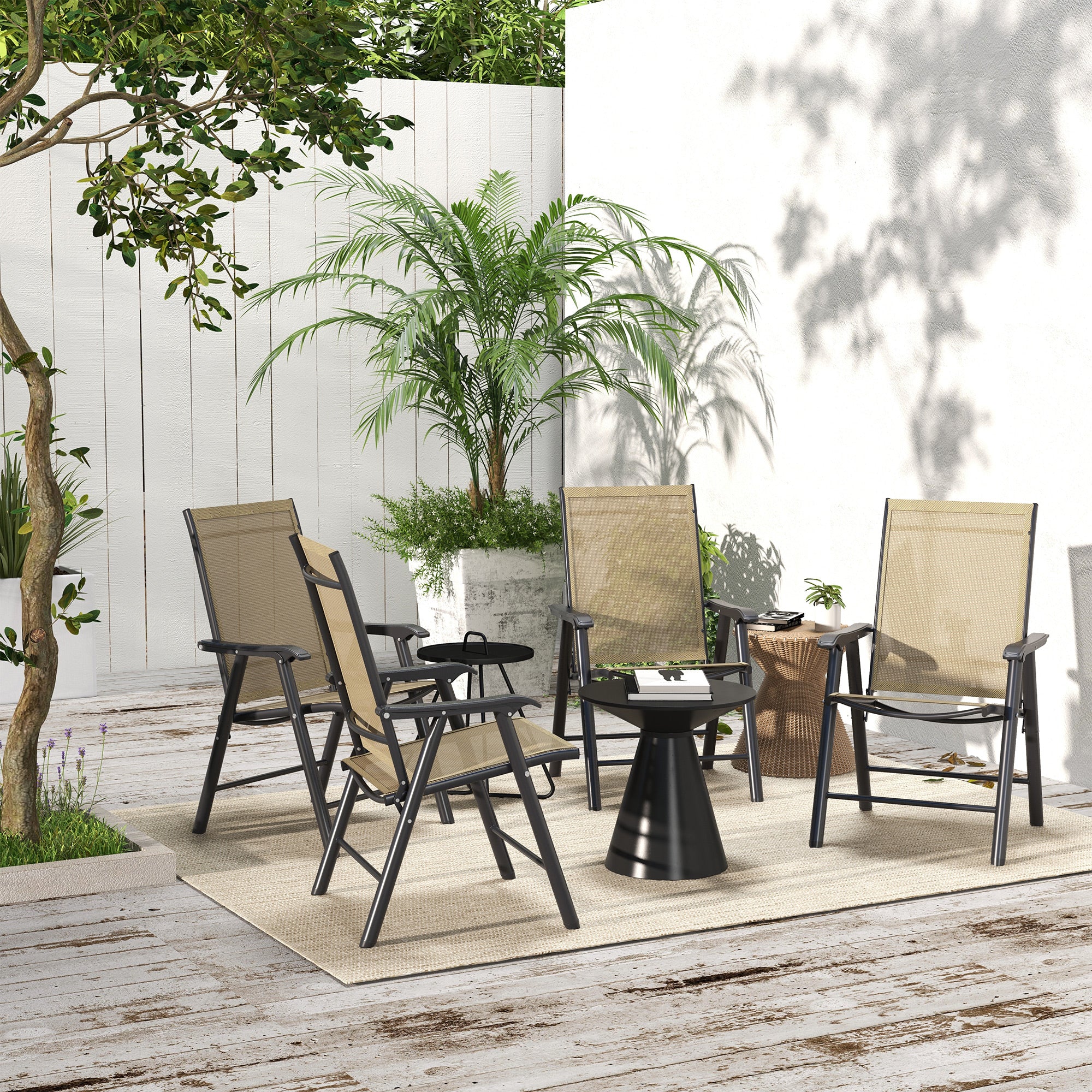 Outsunny 4-Piece Folding Dining Chair Set for Relaxing on Patio, Balcony, or Garden, Comfortable Outdoor Furniture with Armrests, Light Mixed Brown