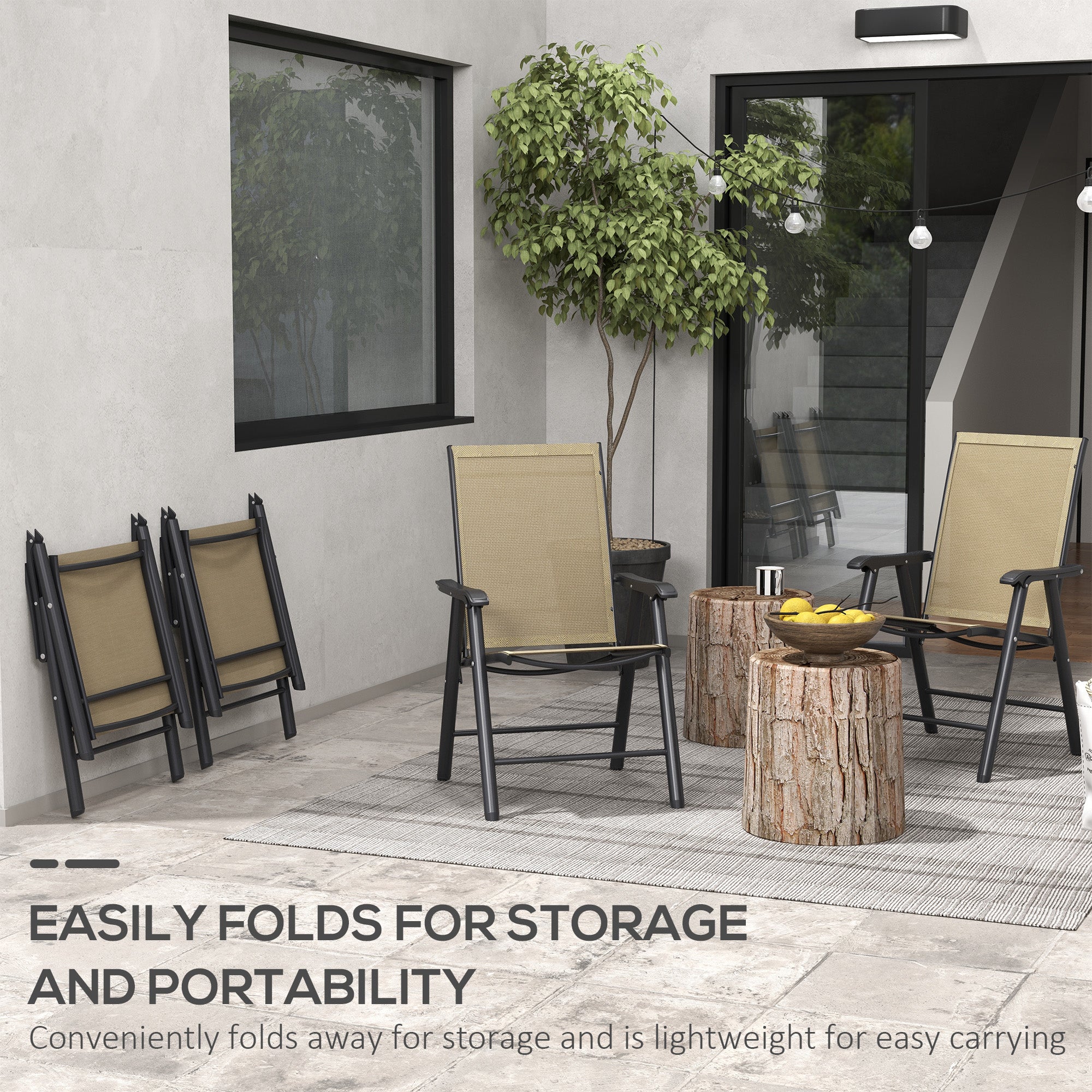 Outsunny 4-Piece Folding Dining Chair Set for Relaxing on Patio, Balcony, or Garden, Comfortable Outdoor Furniture with Armrests, Light Mixed Brown