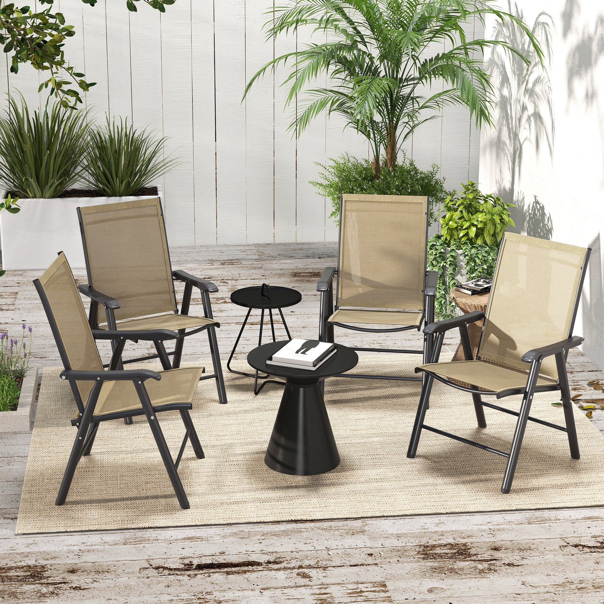 Outsunny 4-Piece Folding Dining Chair Set for Relaxing on Patio, Balcony, or Garden, Comfortable Outdoor Furniture with Armrests, Light Mixed Brown