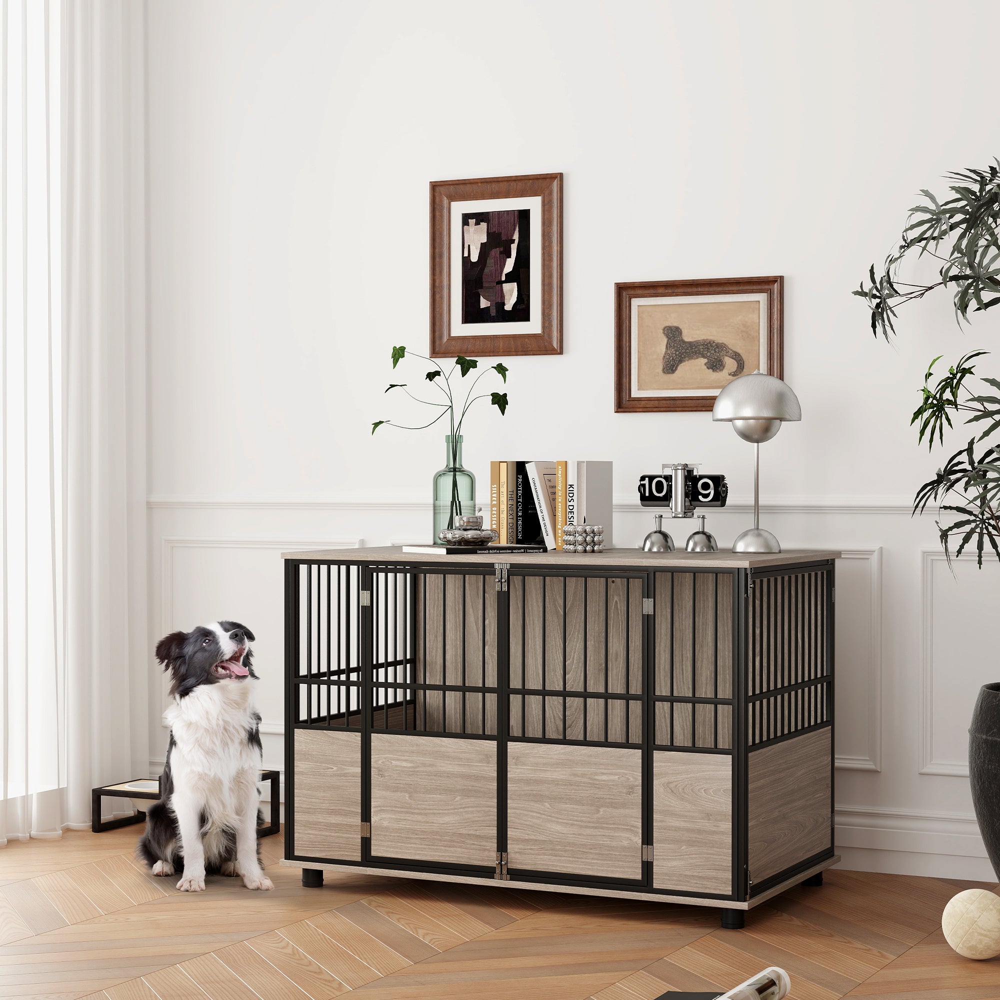 PawHut 46" Dog Crate Furniture End Table, Wooden Dog Kennel Indoor Pet House with 3 Doors, for Small to Large Dogs