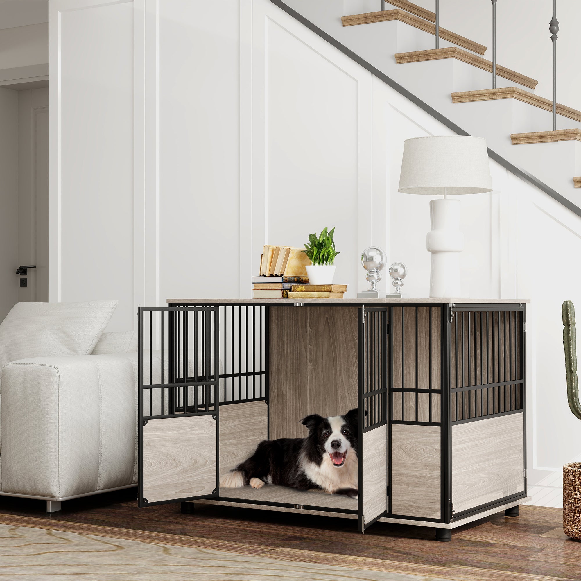 PawHut 46" Dog Crate Furniture End Table, Wooden Dog Kennel Indoor Pet House with 3 Doors, for Small to Large Dogs