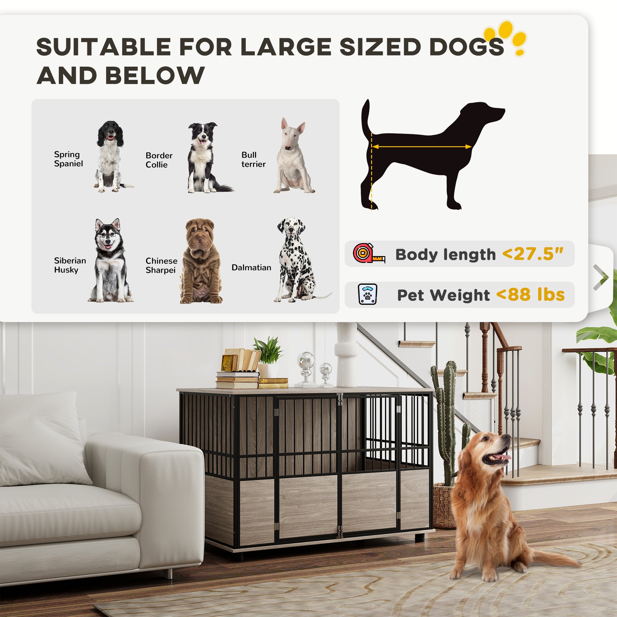 PawHut 46" Dog Crate Furniture End Table, Wooden Dog Kennel Indoor Pet House with 3 Doors, for Small to Large Dogs