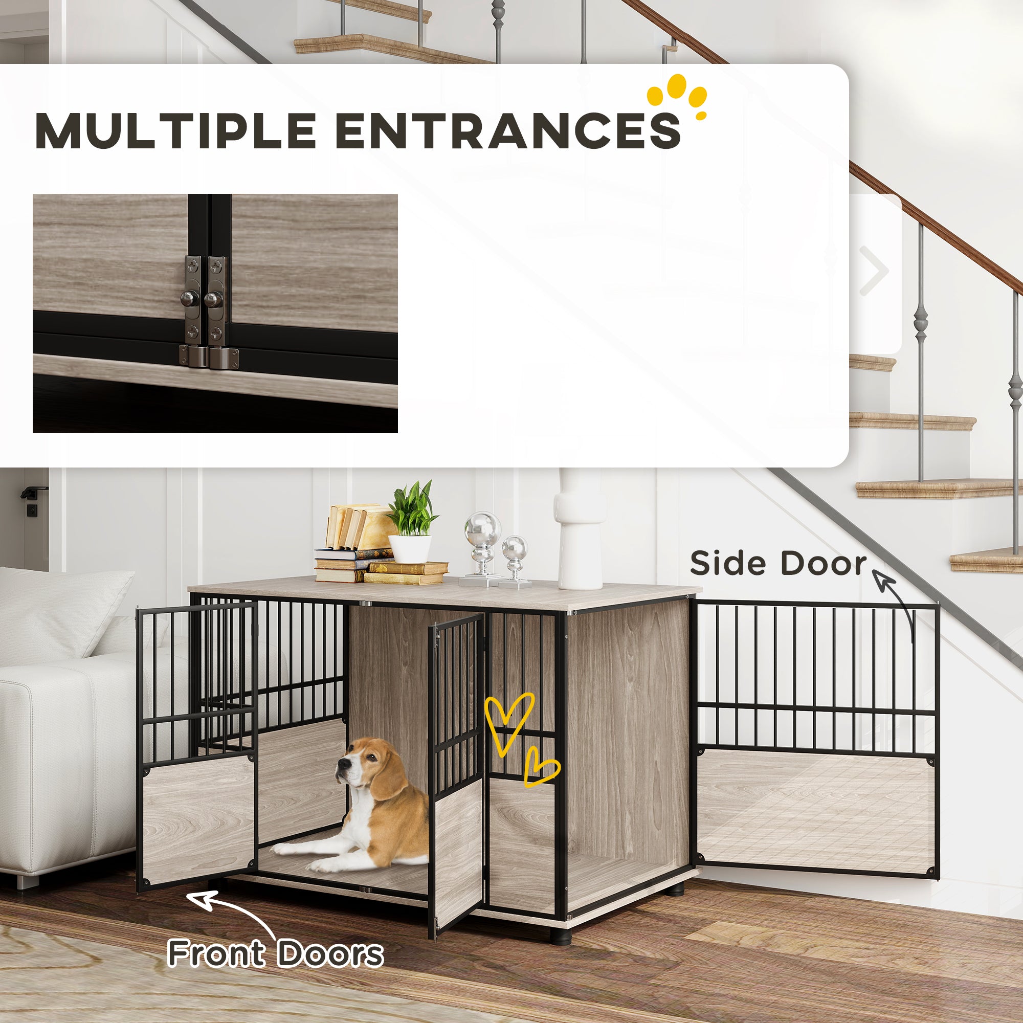 PawHut 46" Dog Crate Furniture End Table, Wooden Dog Kennel Indoor Pet House with 3 Doors, for Small to Large Dogs