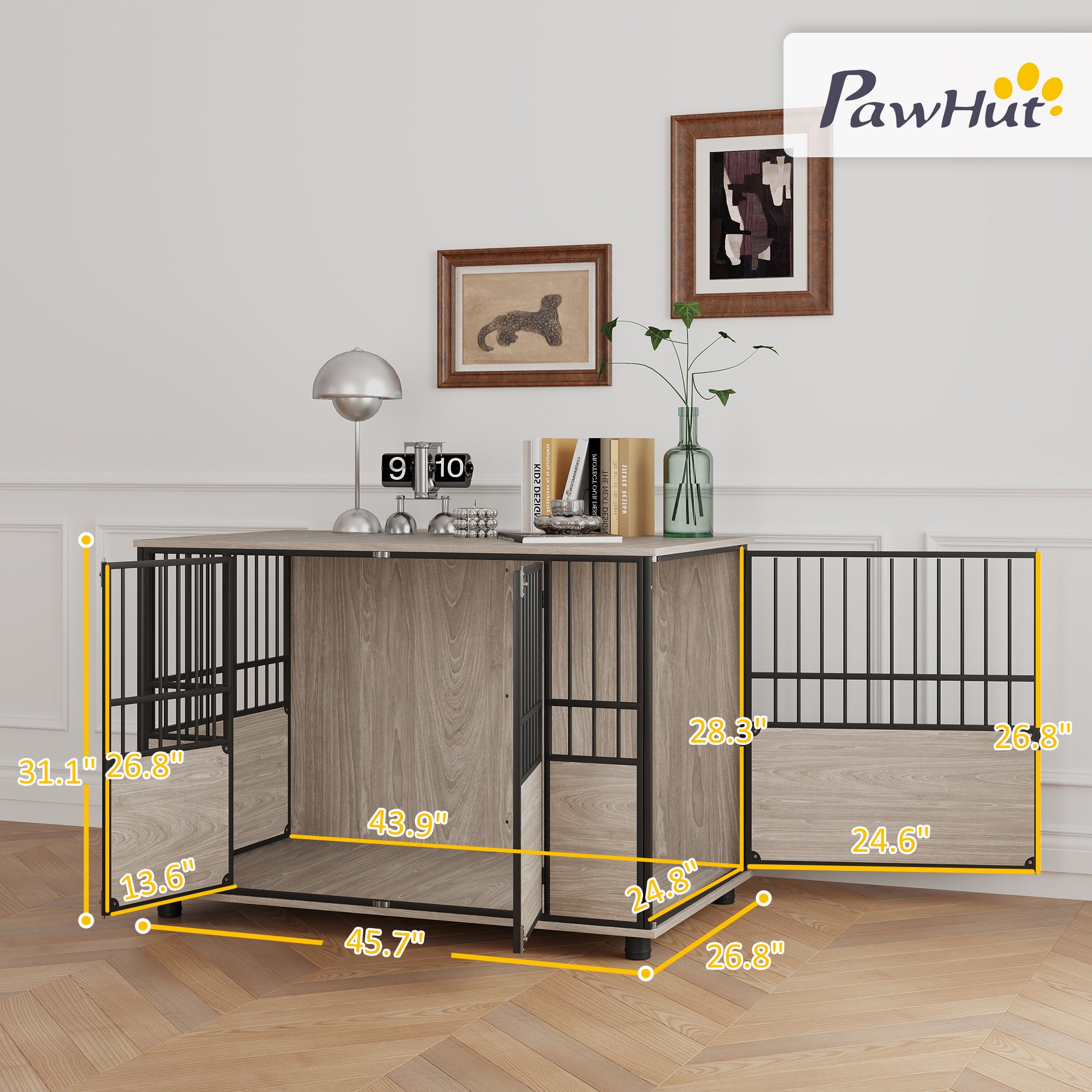 PawHut 46" Dog Crate Furniture End Table, Wooden Dog Kennel Indoor Pet House with 3 Doors, for Small to Large Dogs