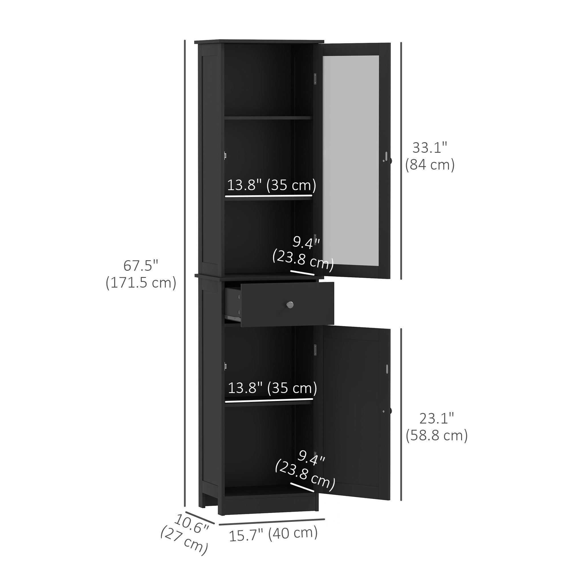 kleankin Bathroom Storage Cabinet with 3-tier Shelf Drawer, Floor Cabinet Free Standing Linen Tower Tall Slim Side Organizer Shelves, Black