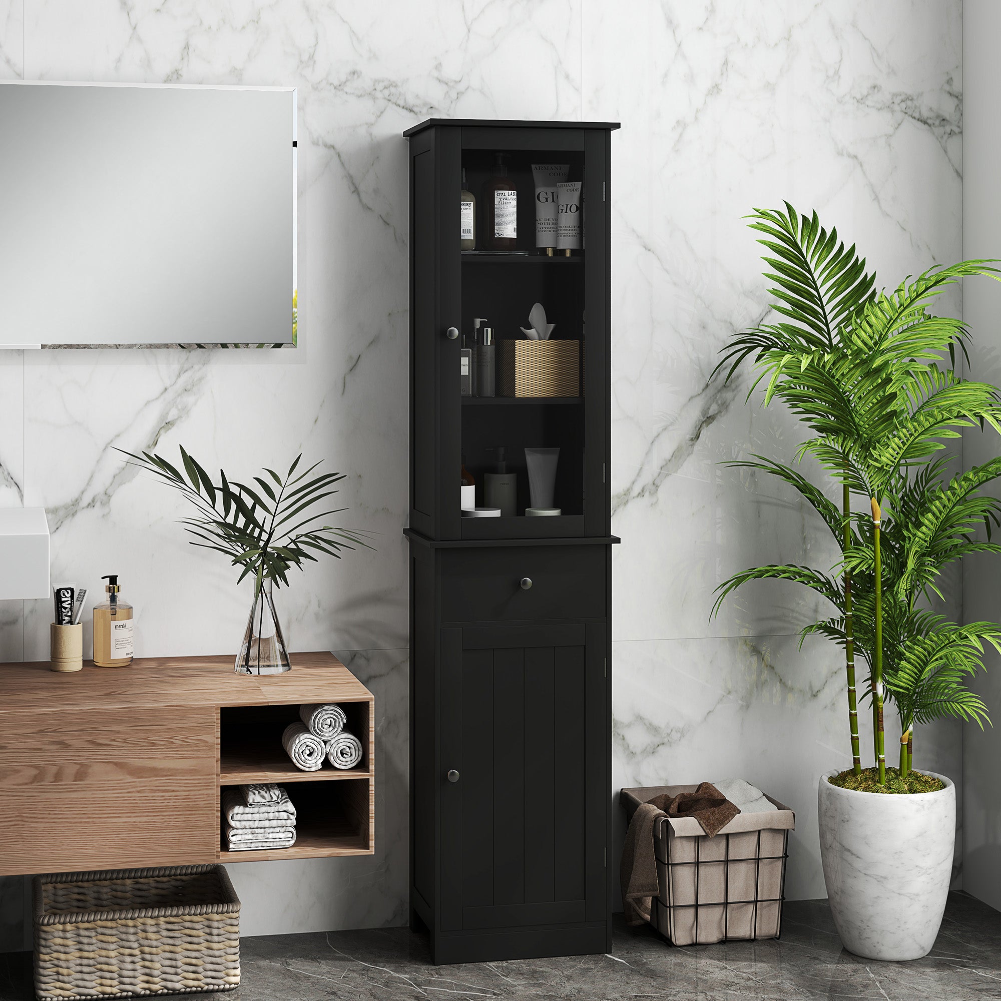 kleankin Bathroom Storage Cabinet with 3-tier Shelf Drawer, Floor Cabinet Free Standing Linen Tower Tall Slim Side Organizer Shelves, Black