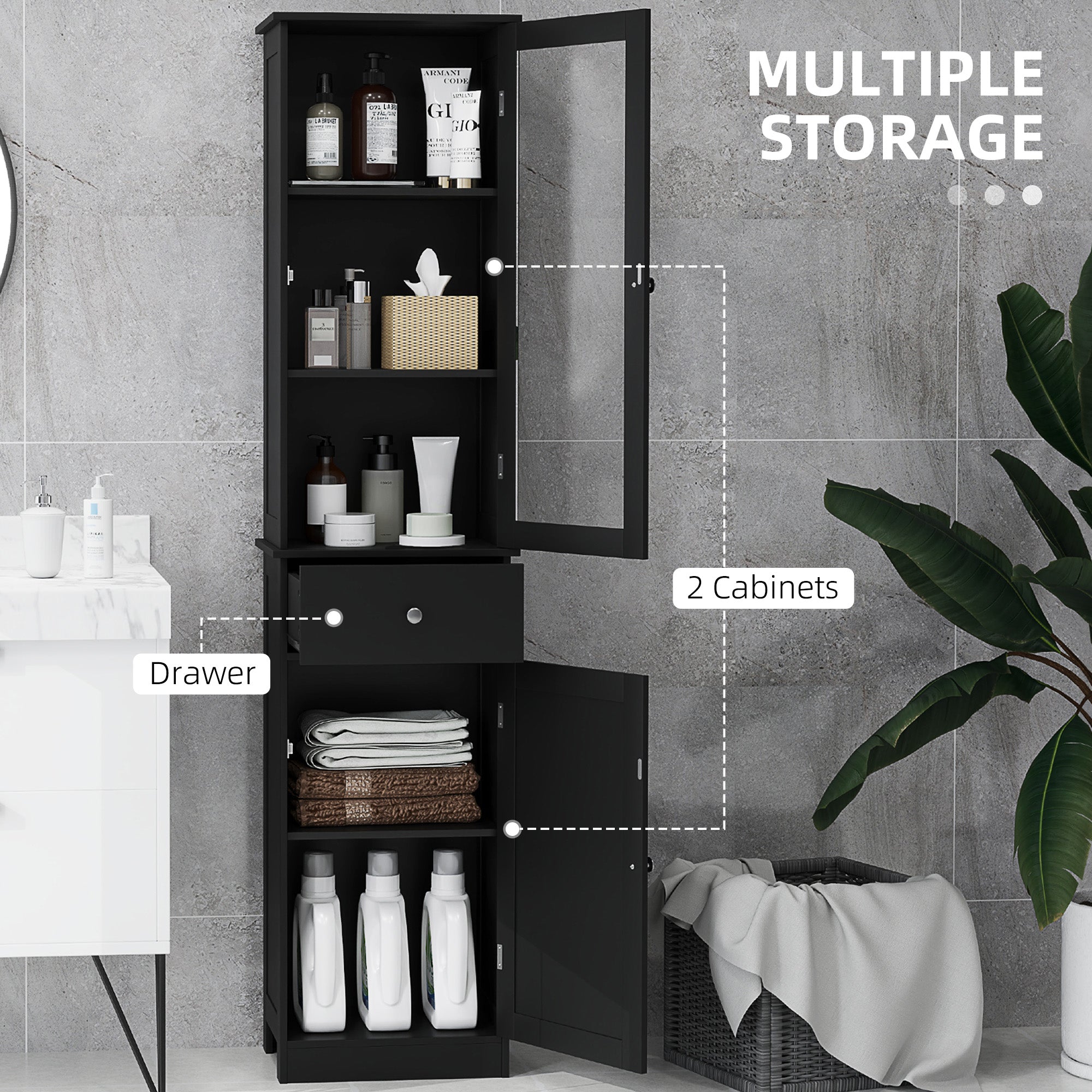 kleankin Bathroom Storage Cabinet with 3-tier Shelf Drawer, Floor Cabinet Free Standing Linen Tower Tall Slim Side Organizer Shelves, Black