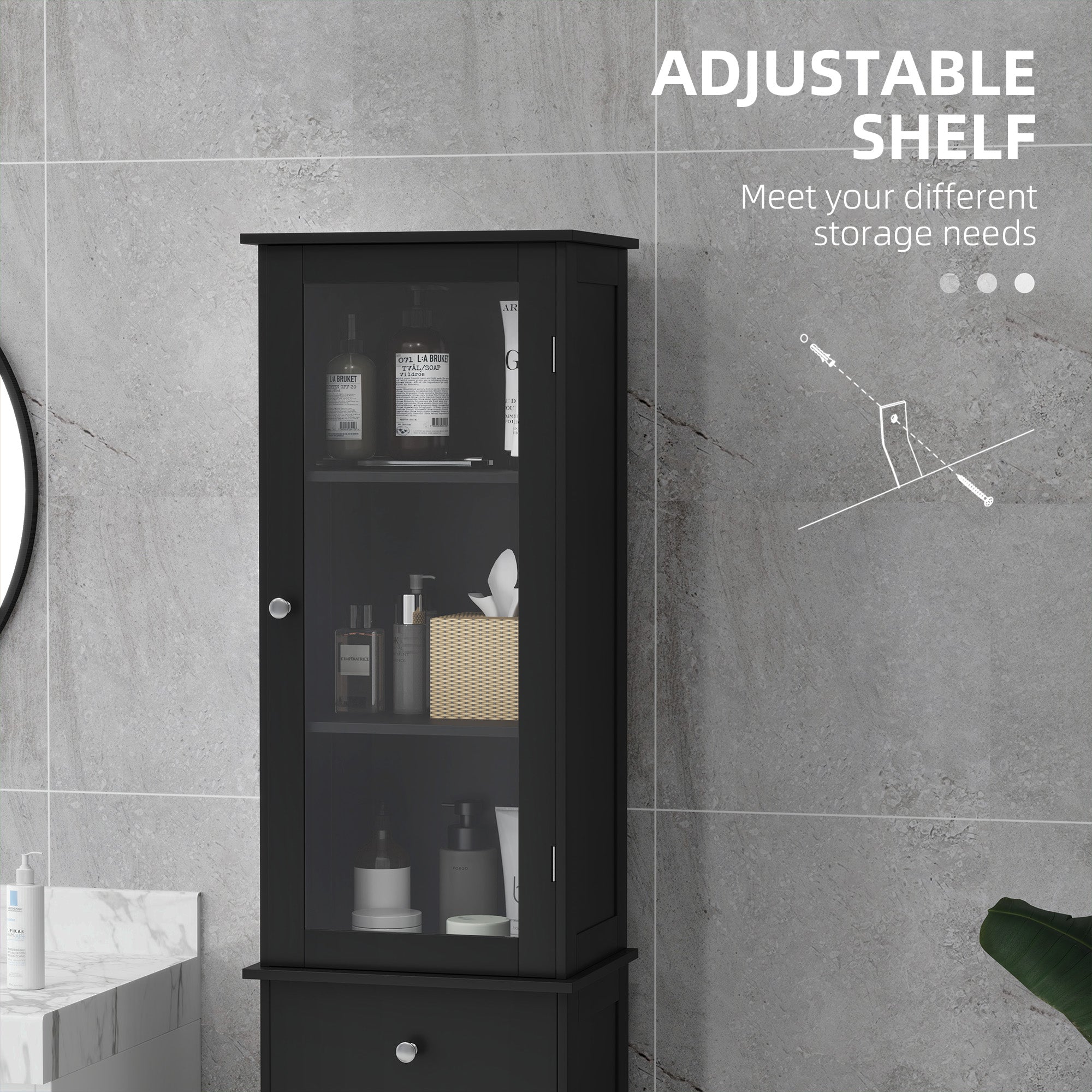 kleankin Bathroom Storage Cabinet with 3-tier Shelf Drawer, Floor Cabinet Free Standing Linen Tower Tall Slim Side Organizer Shelves, Black