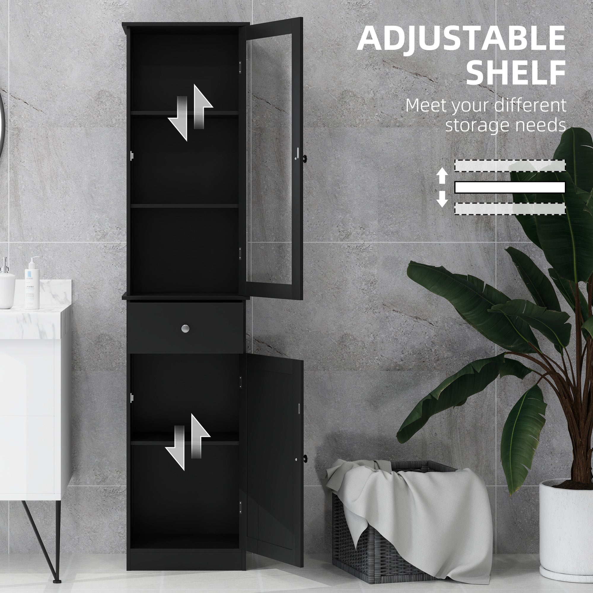 kleankin Bathroom Storage Cabinet with 3-tier Shelf Drawer, Floor Cabinet Free Standing Linen Tower Tall Slim Side Organizer Shelves, Black