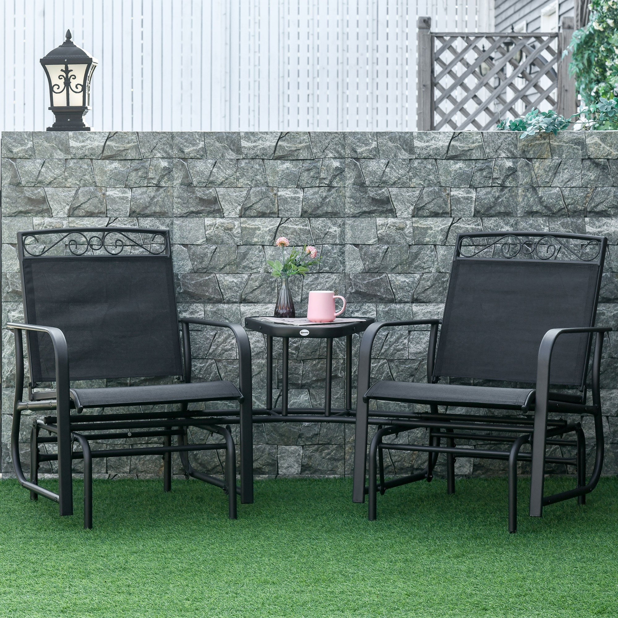 Outsunny Outdoor Glider Bench with Coffee Table, Patio 2-Seat Rocking Chair Swing Loveseat with Breathable Sling for Backyard Garden Porch, Black