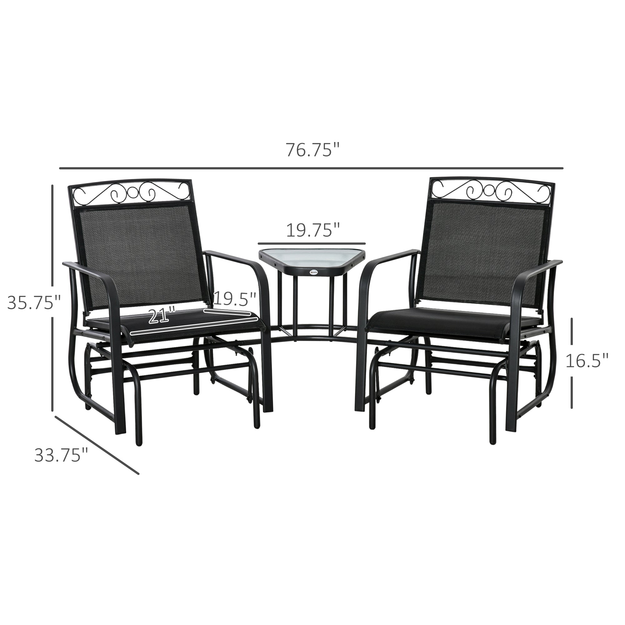 Outsunny Outdoor Glider Bench with Coffee Table, Patio 2-Seat Rocking Chair Swing Loveseat with Breathable Sling for Backyard Garden Porch, Black