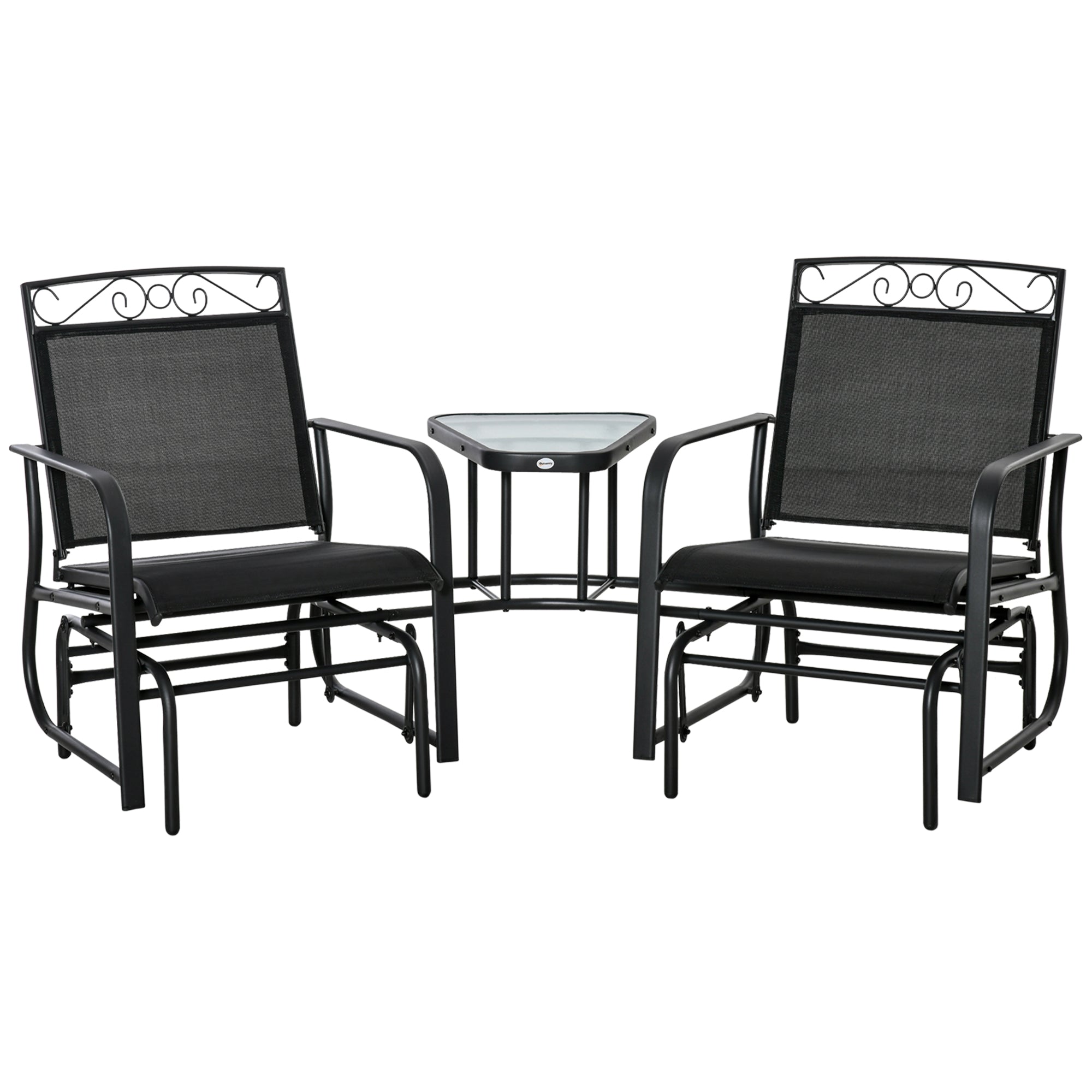 Outsunny Outdoor Glider Bench with Coffee Table, Patio 2-Seat Rocking Chair Swing Loveseat with Breathable Sling for Backyard Garden Porch, Black