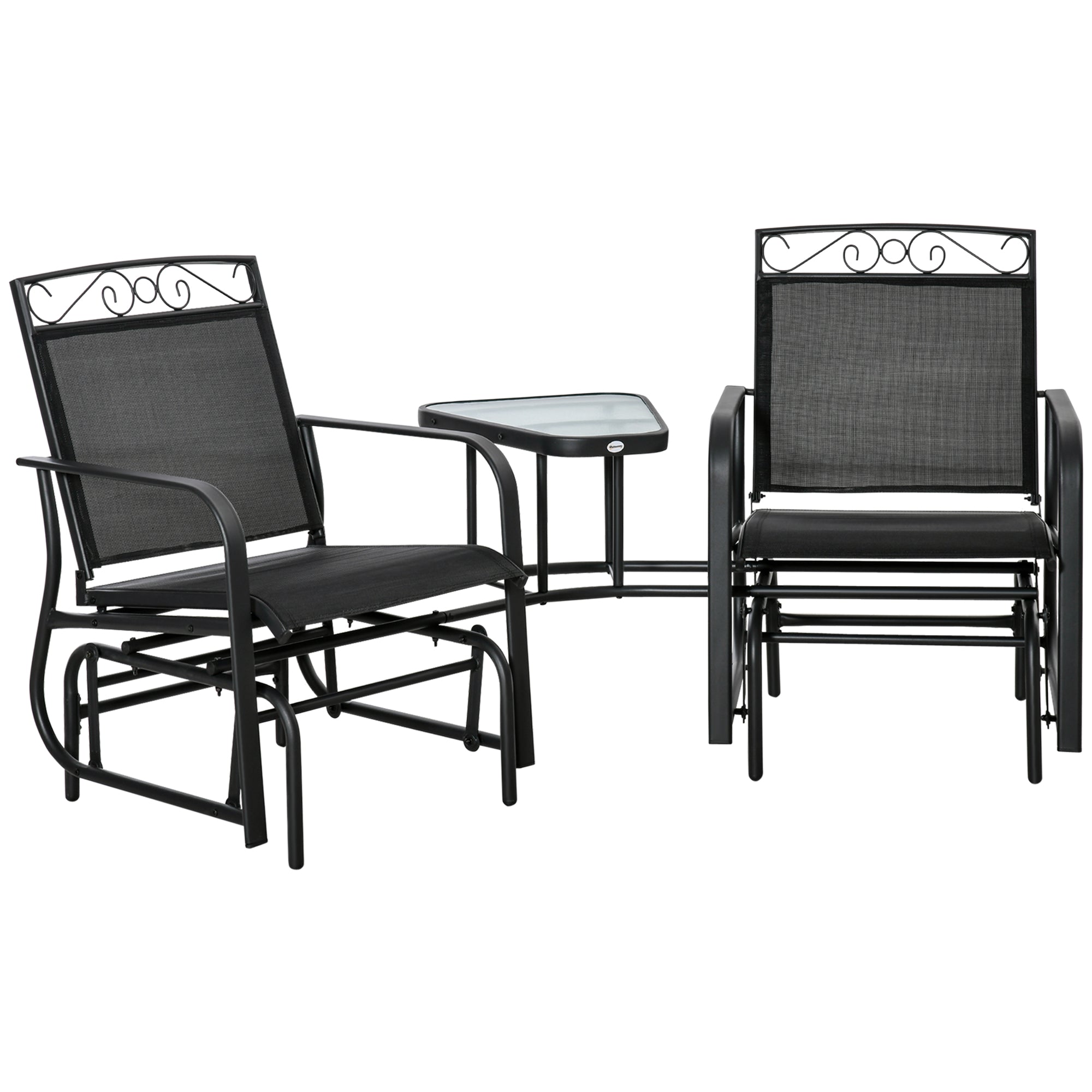 Outsunny Outdoor Glider Bench with Coffee Table, Patio 2-Seat Rocking Chair Swing Loveseat with Breathable Sling for Backyard Garden Porch, Black