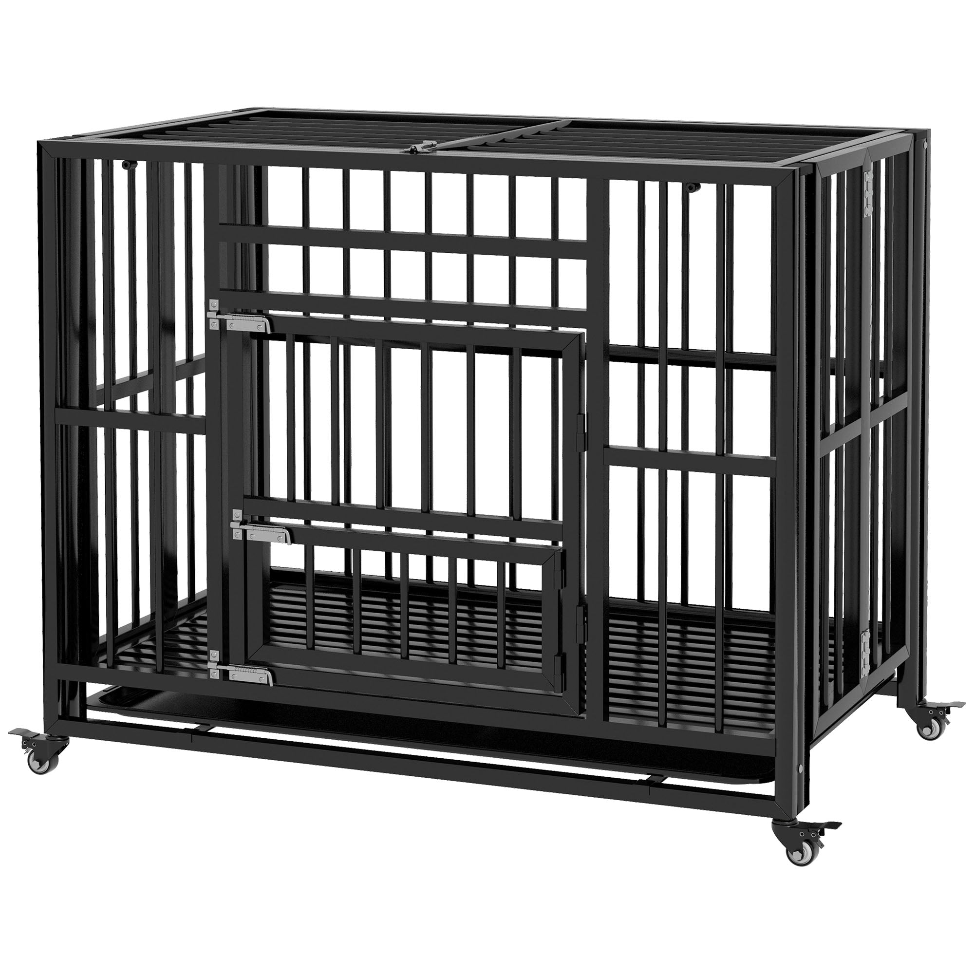 PawHut 37" Heavy Duty Dog Crate, Foldable Dog Cage on Wheels with Double Locks, Removable Tray, Openable Top, Double Doors, Indoor Outdoor Use, for Small and Medium Dogs - Black