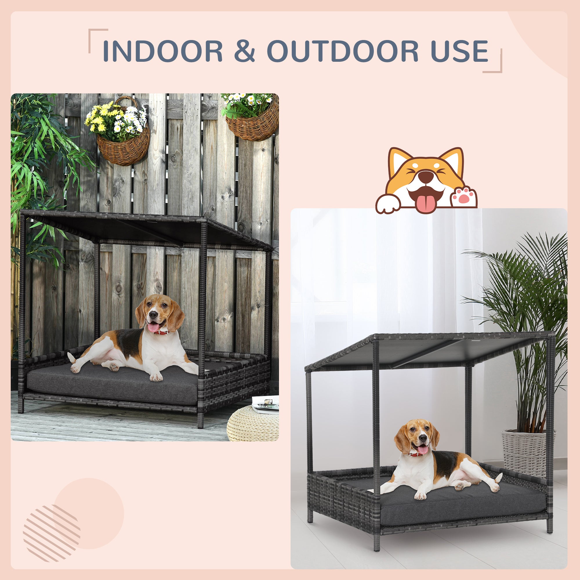PawHut Wicker Dog House Raised Rattan Dog Cat Bed for Indoor Outdoor Garden Patio Pet Sofa with Cushion Medium Sized Pet Grey