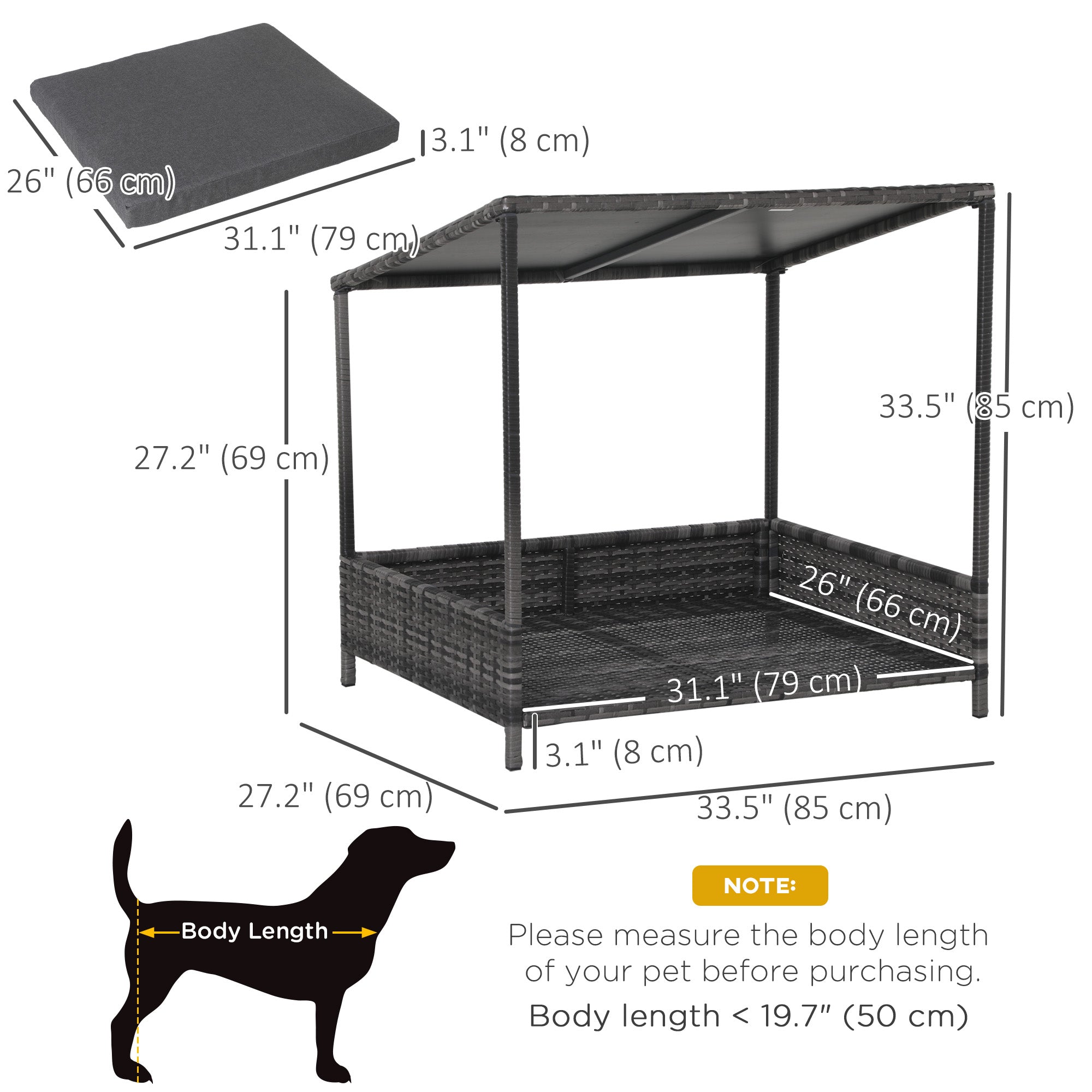 PawHut Wicker Dog House Raised Rattan Dog Cat Bed for Indoor Outdoor Garden Patio Pet Sofa with Cushion Medium Sized Pet Grey