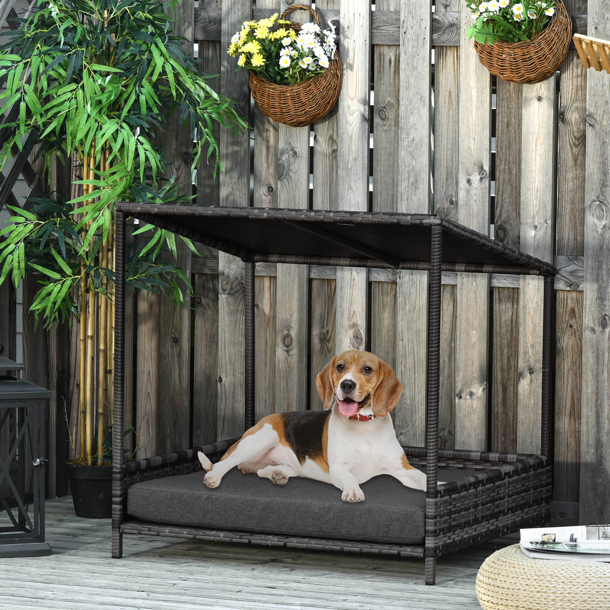 PawHut Wicker Dog House Raised Rattan Dog Cat Bed for Indoor Outdoor Garden Patio Pet Sofa with Cushion Medium Sized Pet Grey
