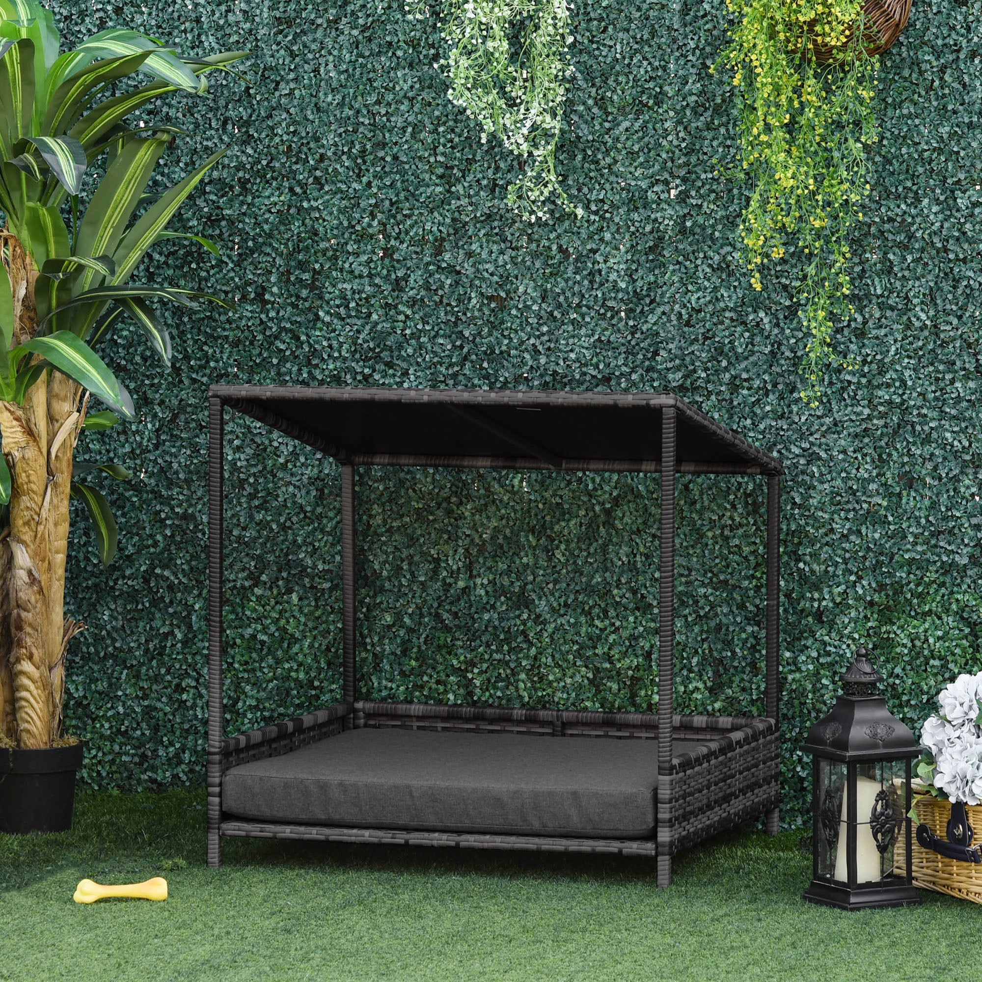 PawHut Wicker Dog House Raised Rattan Dog Cat Bed for Indoor Outdoor Garden Patio Pet Sofa with Cushion Medium Sized Pet Grey