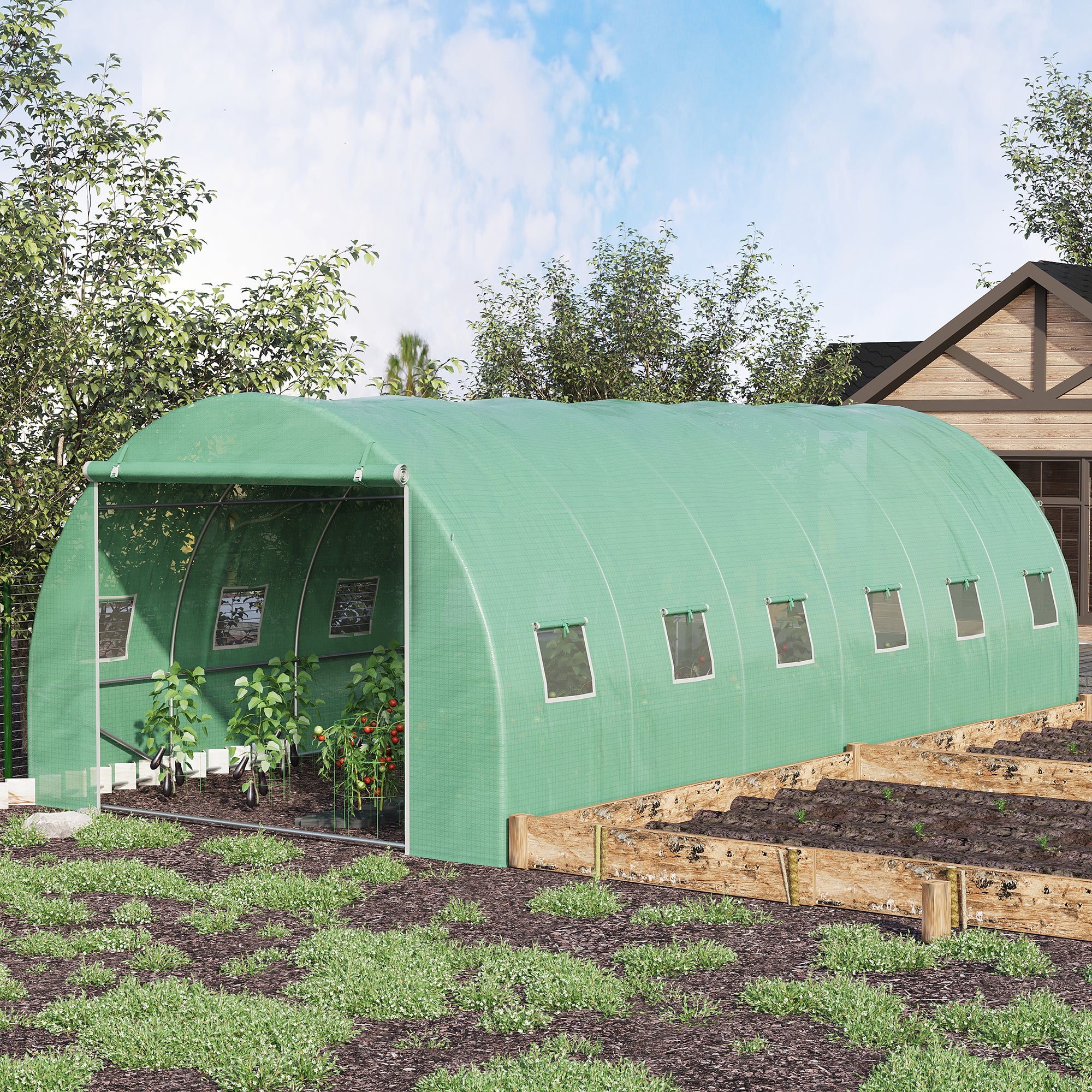 Outsunny 20' x 10' x 6.6' Large Walk-in Greenhouse Garden Plant Seed Growing Tent Tunnel Shed with Windows and Door Green