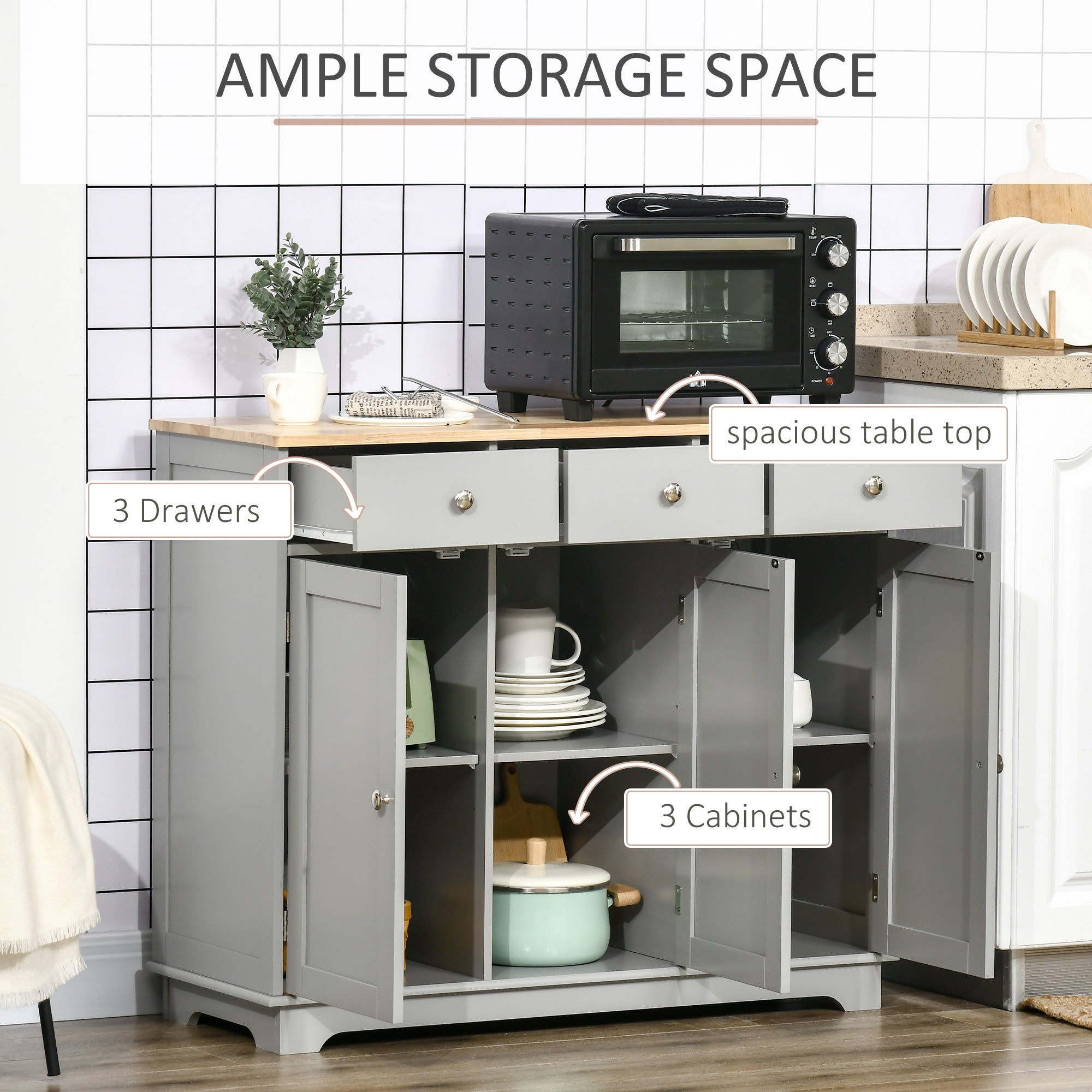 HOMCOM Sideboard Buffet Cabinet with Storage, 40" Kitchen Cabinet with 3 Adjustable Shelves, 3 Drawers and 3 Doors, Coffee Bar Cabinet with Rubberwood Tabletop, Grey