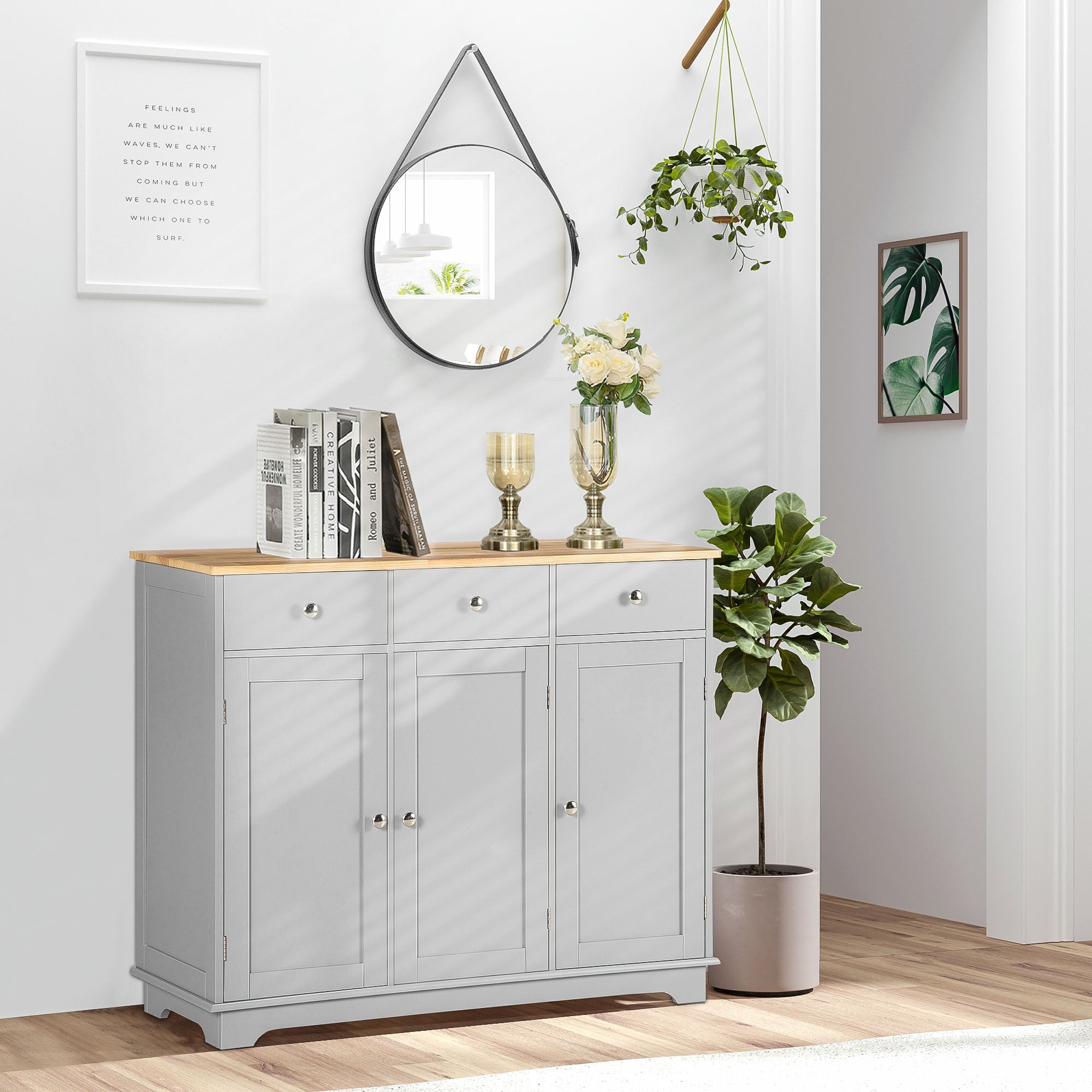 HOMCOM Sideboard Buffet Cabinet with Storage, 40" Kitchen Cabinet with 3 Adjustable Shelves, 3 Drawers and 3 Doors, Coffee Bar Cabinet with Rubberwood Tabletop, Grey