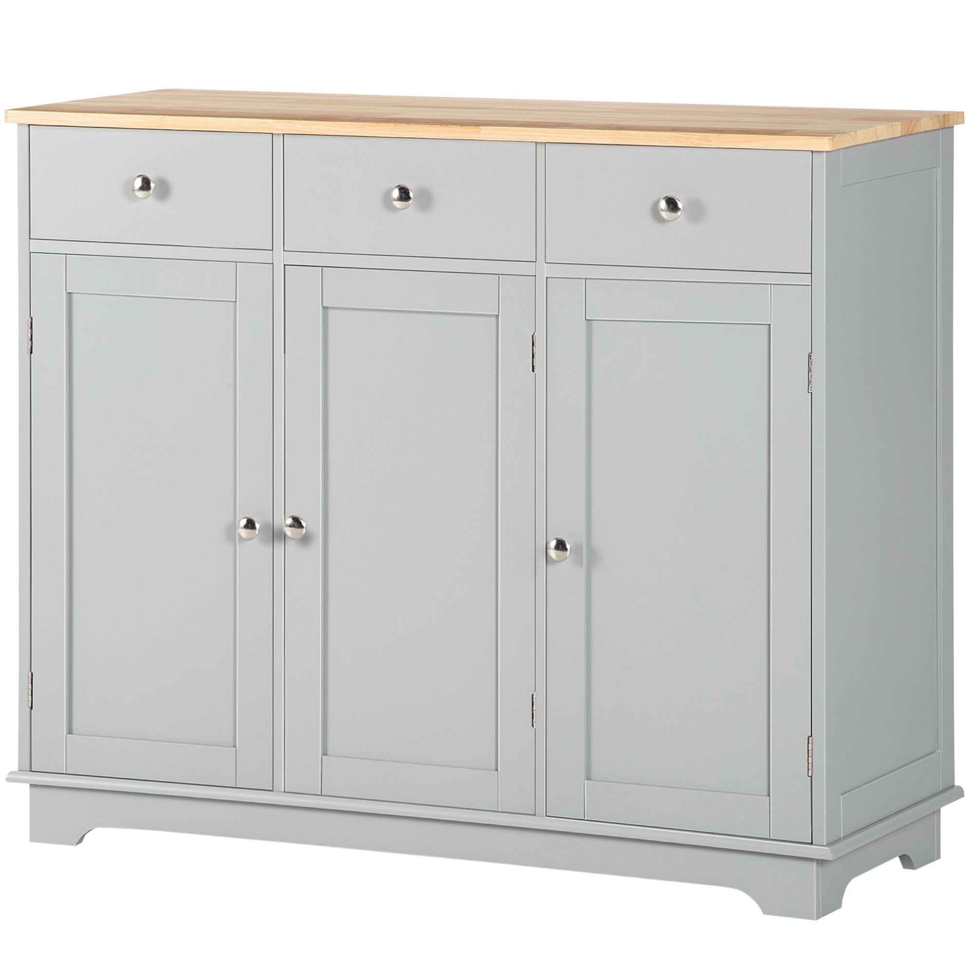 HOMCOM Sideboard Buffet Cabinet with Storage, 40" Kitchen Cabinet with 3 Adjustable Shelves, 3 Drawers and 3 Doors, Coffee Bar Cabinet with Rubberwood Tabletop, Grey