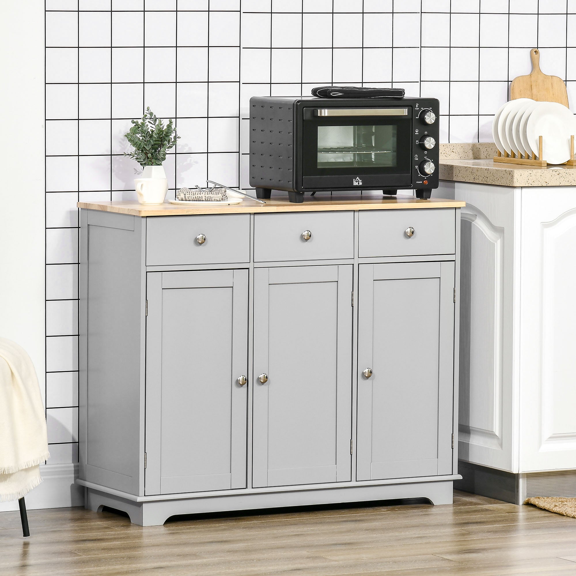 HOMCOM Sideboard Buffet Cabinet with Storage, 40" Kitchen Cabinet with 3 Adjustable Shelves, 3 Drawers and 3 Doors, Coffee Bar Cabinet with Rubberwood Tabletop, Grey