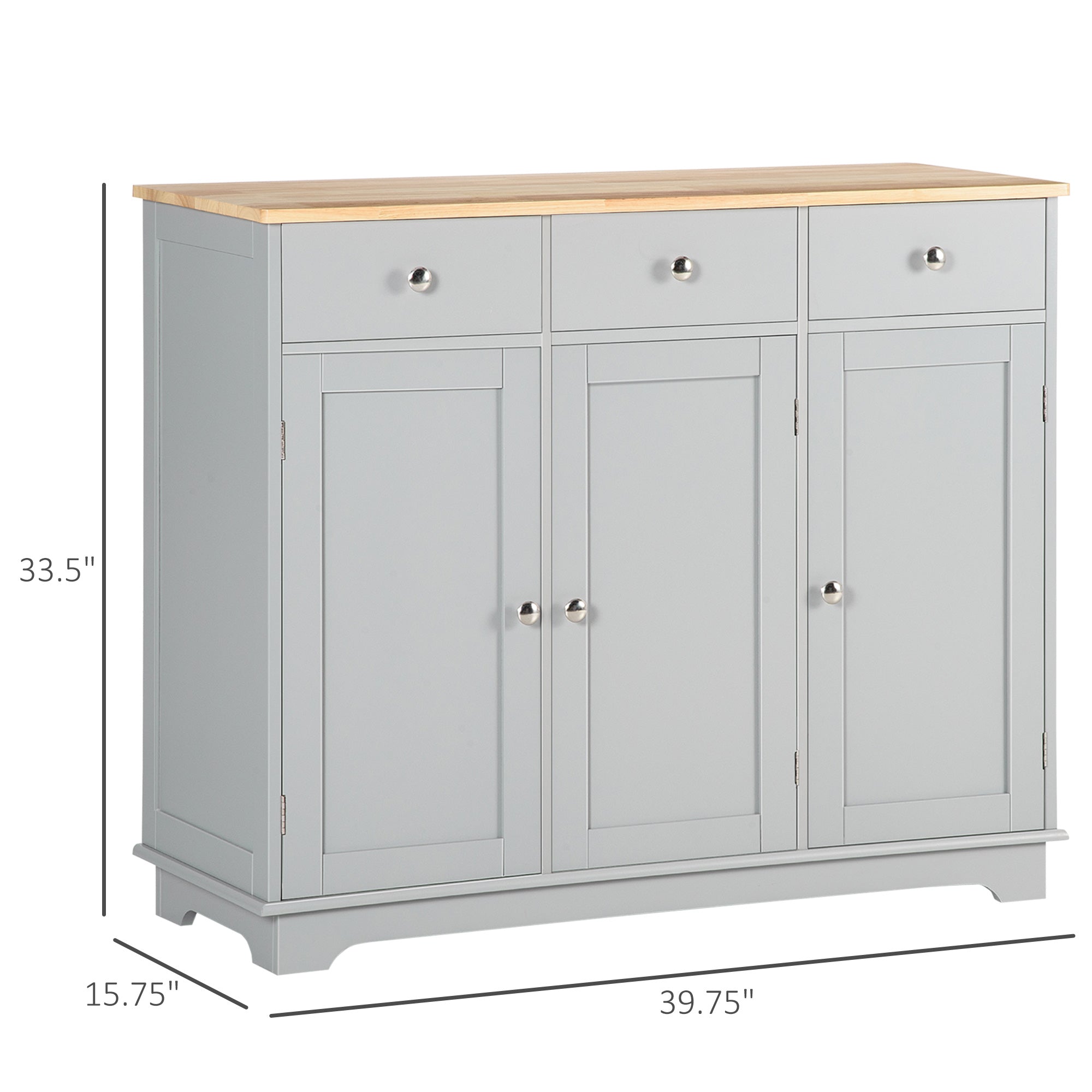 HOMCOM Sideboard Buffet Cabinet with Storage, 40" Kitchen Cabinet with 3 Adjustable Shelves, 3 Drawers and 3 Doors, Coffee Bar Cabinet with Rubberwood Tabletop, Grey