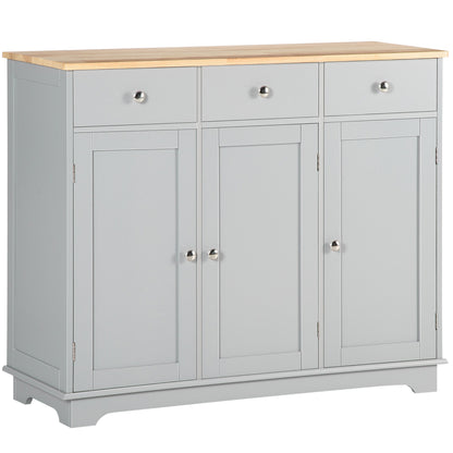 HOMCOM Sideboard Buffet Cabinet with Storage, 40" Kitchen Cabinet with 3 Adjustable Shelves, 3 Drawers and 3 Doors, Coffee Bar Cabinet with Rubberwood Tabletop, Grey