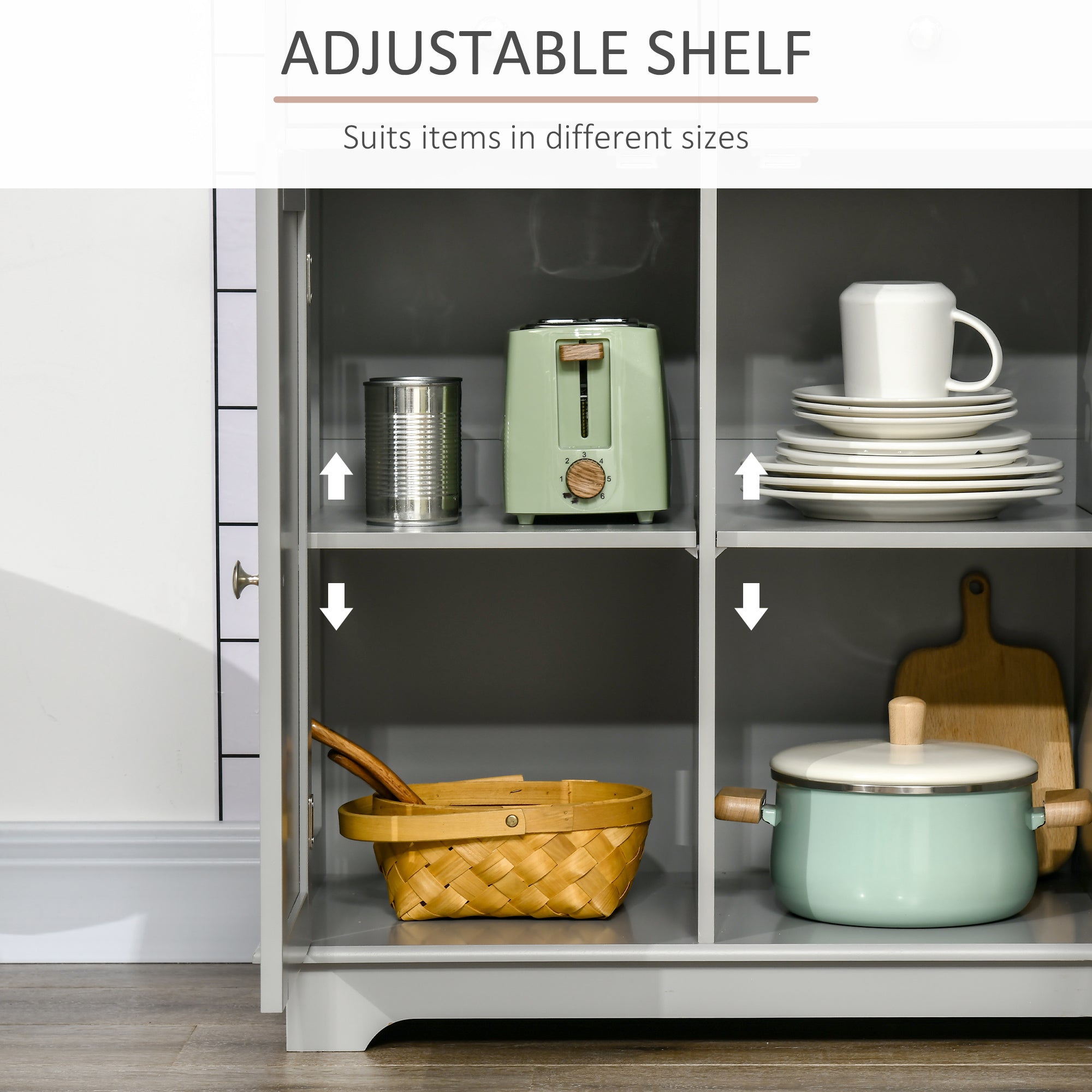 HOMCOM Sideboard Buffet Cabinet with Storage, 40" Kitchen Cabinet with 3 Adjustable Shelves, 3 Drawers and 3 Doors, Coffee Bar Cabinet with Rubberwood Tabletop, Grey