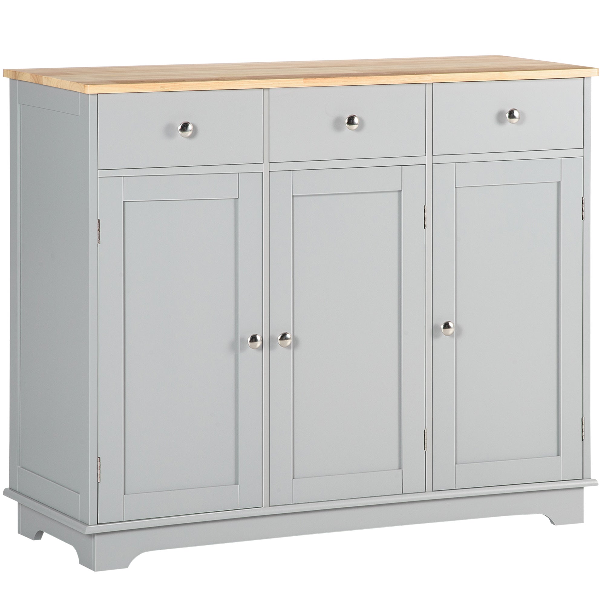 HOMCOM Sideboard Buffet Cabinet with Storage, 40" Kitchen Cabinet with 3 Adjustable Shelves, 3 Drawers and 3 Doors, Coffee Bar Cabinet with Rubberwood Tabletop, Grey