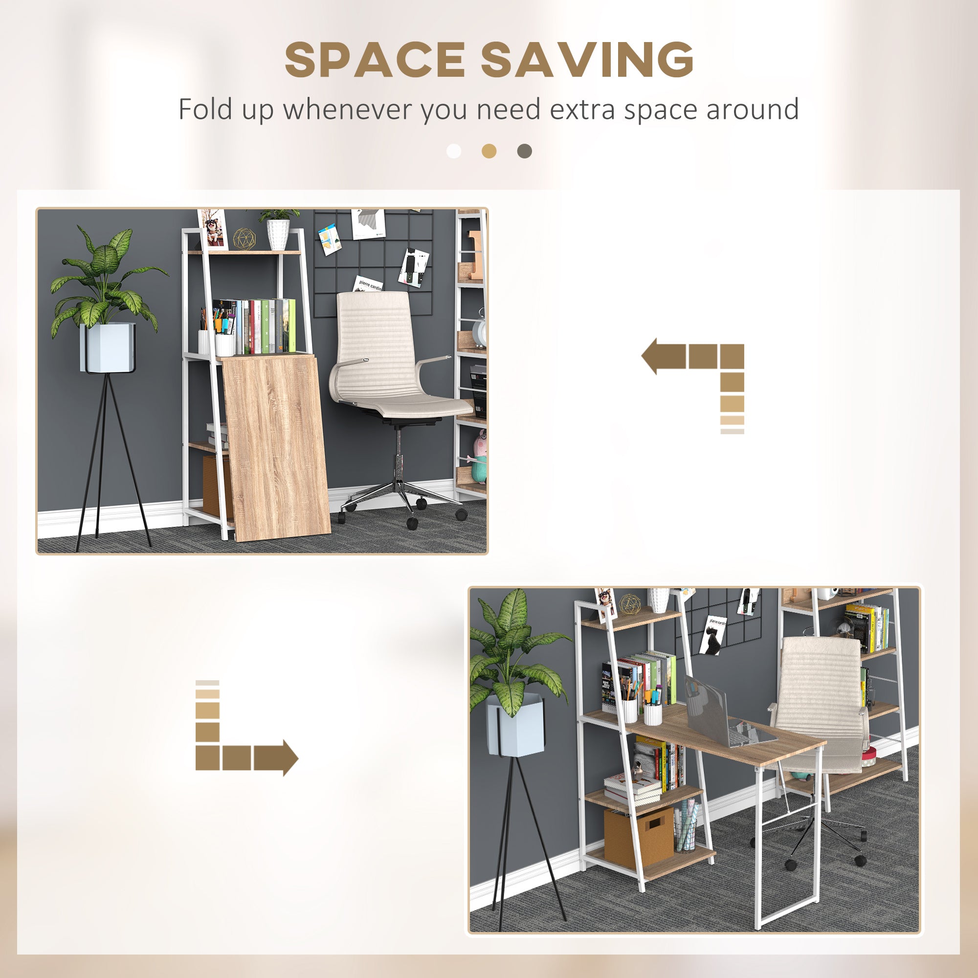 HOMCOM Computer Desk with Storage Sheves and Foldable Tabletop, Writing Desk for Home Office and Study, White, Natural