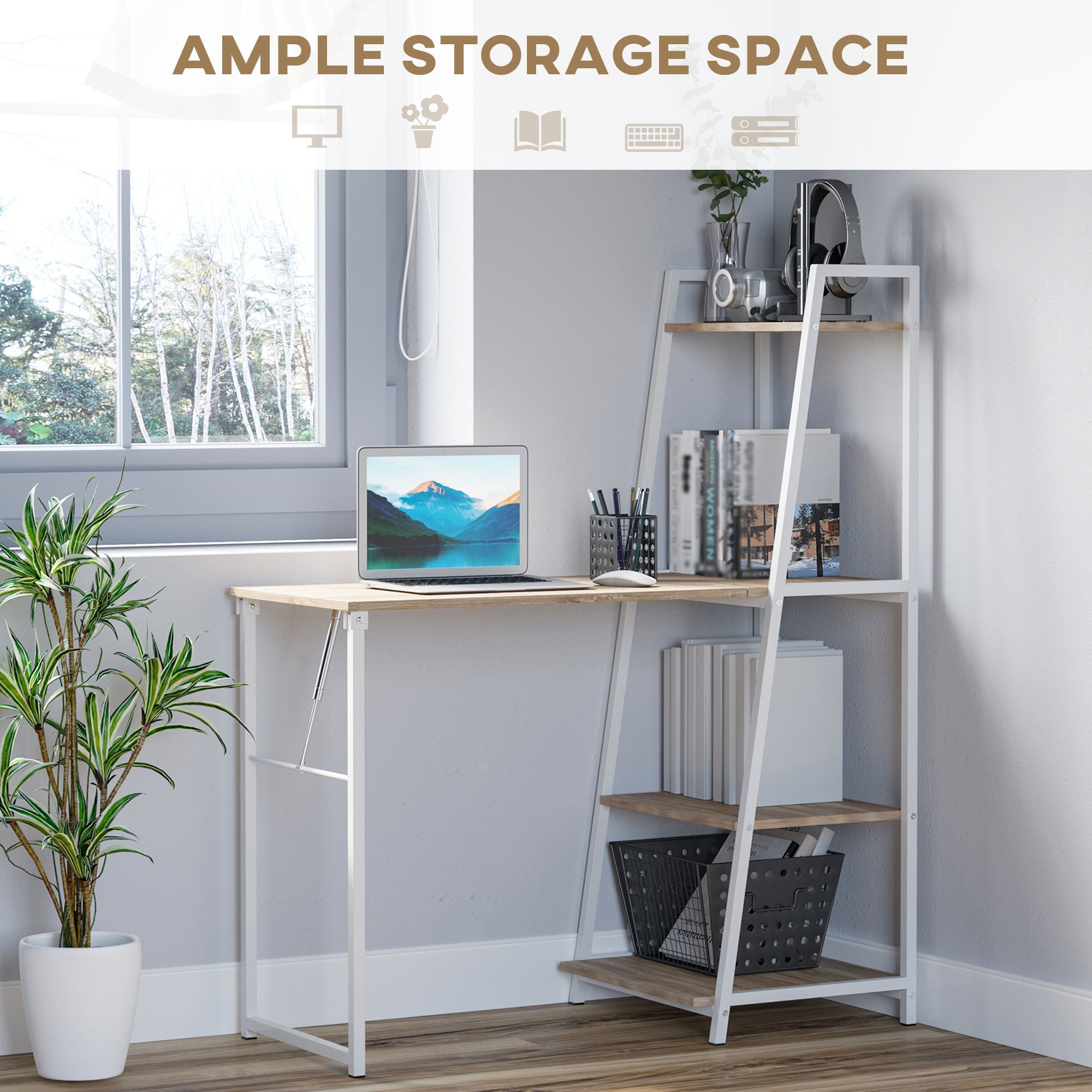 HOMCOM Computer Desk with Storage Sheves and Foldable Tabletop, Writing Desk for Home Office and Study, White, Natural