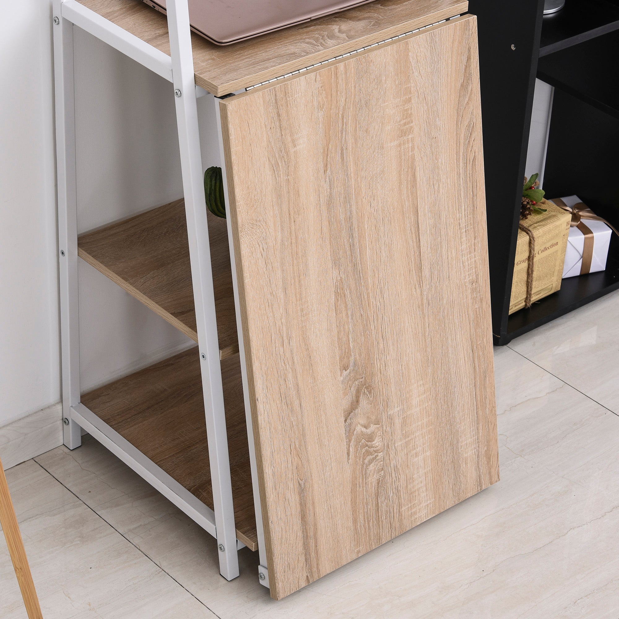 HOMCOM Computer Desk with Storage Sheves and Foldable Tabletop, Writing Desk for Home Office and Study, White, Natural