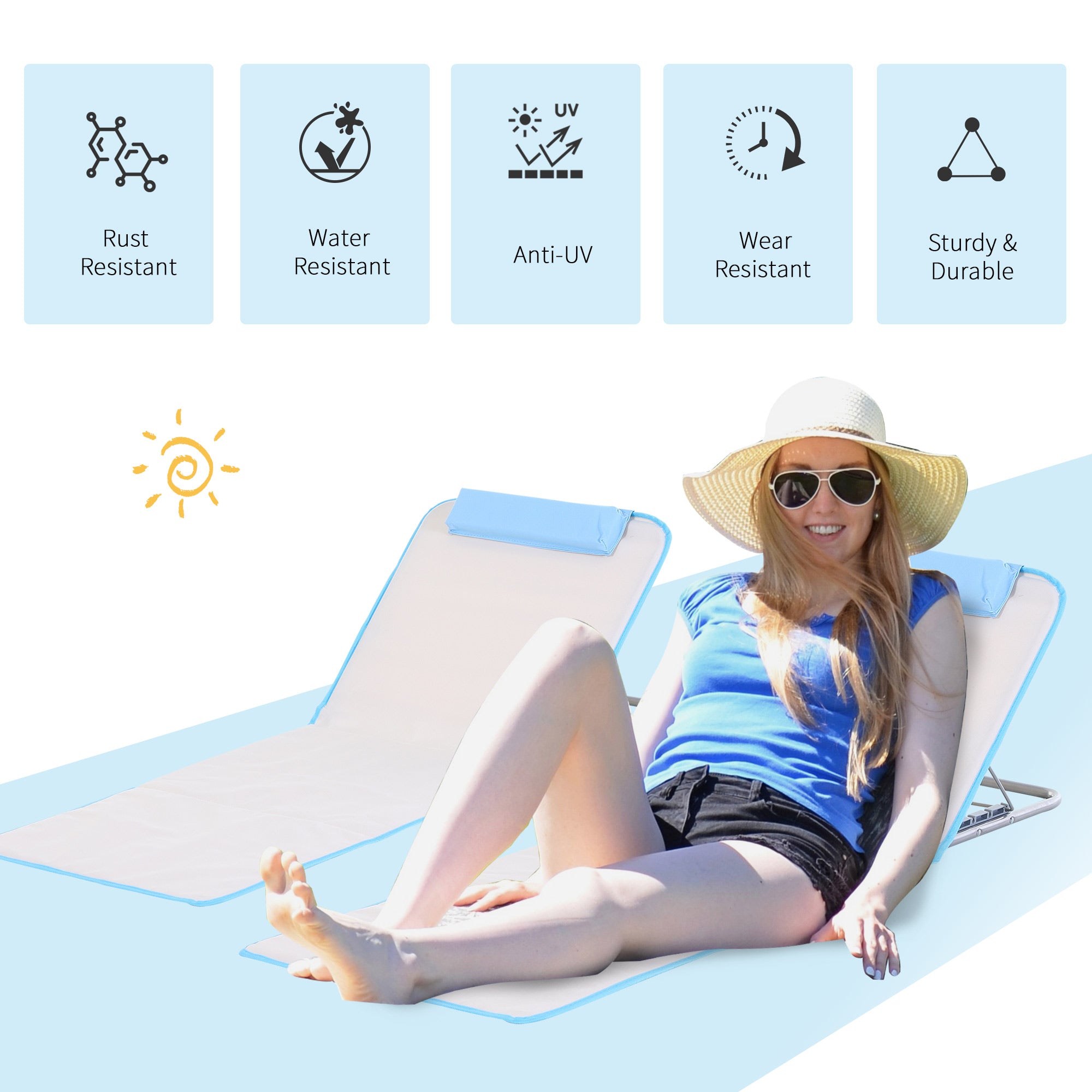 Outsunny 2 Pieces Outdoor Beach Lounge Chair, Patio Steel Folding Chaise Lounge Set w/ Pillow for Sunbath, Snap, Beige