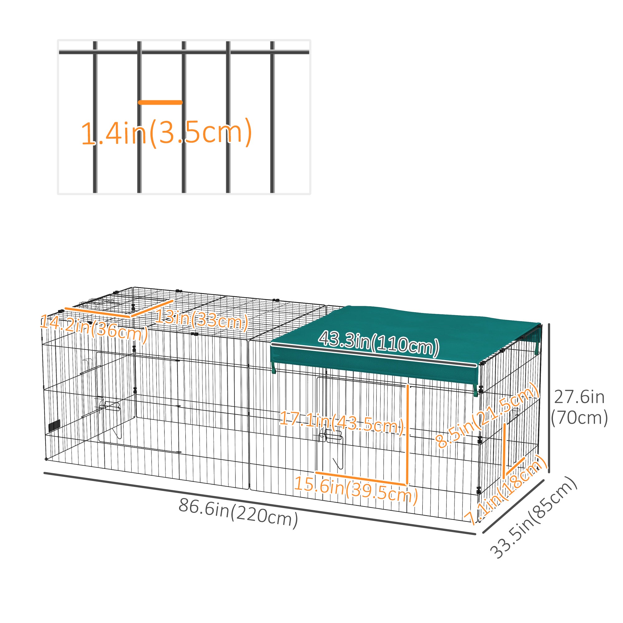 PawHut 87" Small Animal Cage, Pet Playpen for Chicken, Rabbits, Chinchillas, Outdoor Small Animal Playpen with Flat Roof, Green