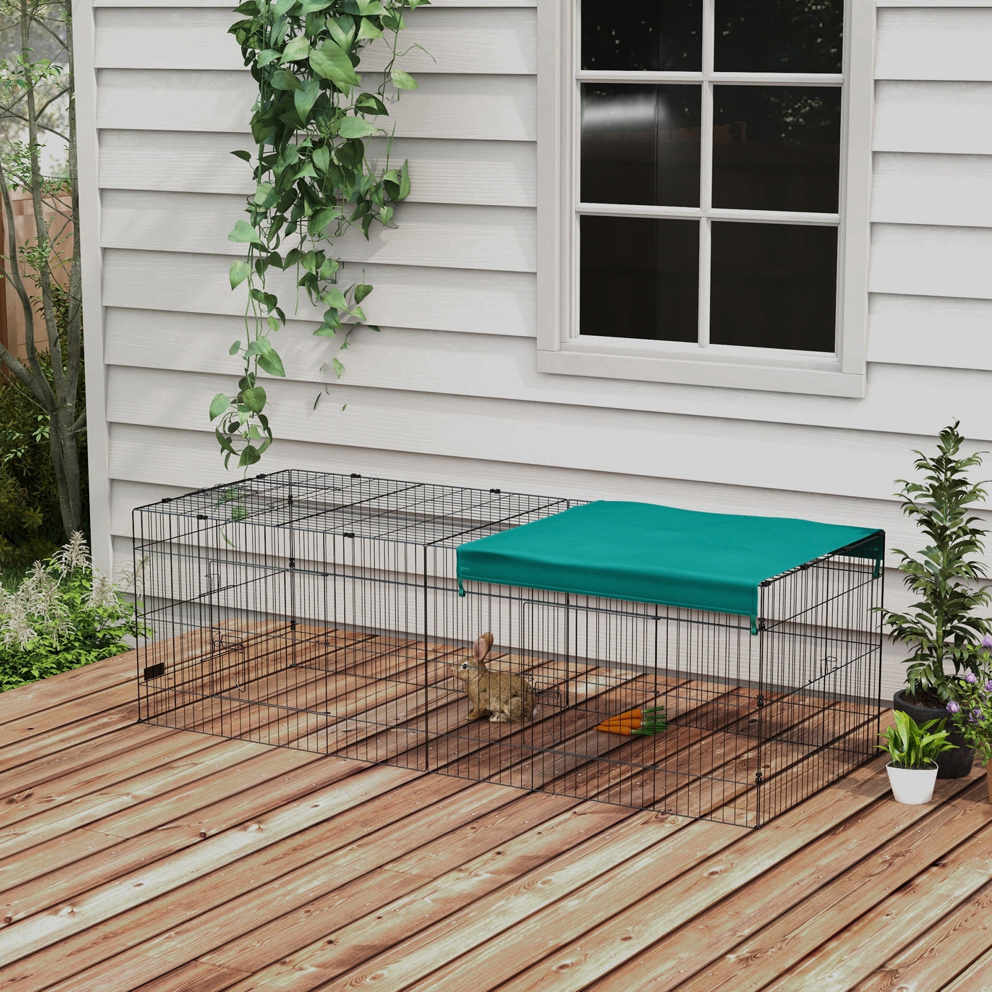 PawHut 87" Small Animal Cage, Pet Playpen for Chicken, Rabbits, Chinchillas, Outdoor Small Animal Playpen with Flat Roof, Green