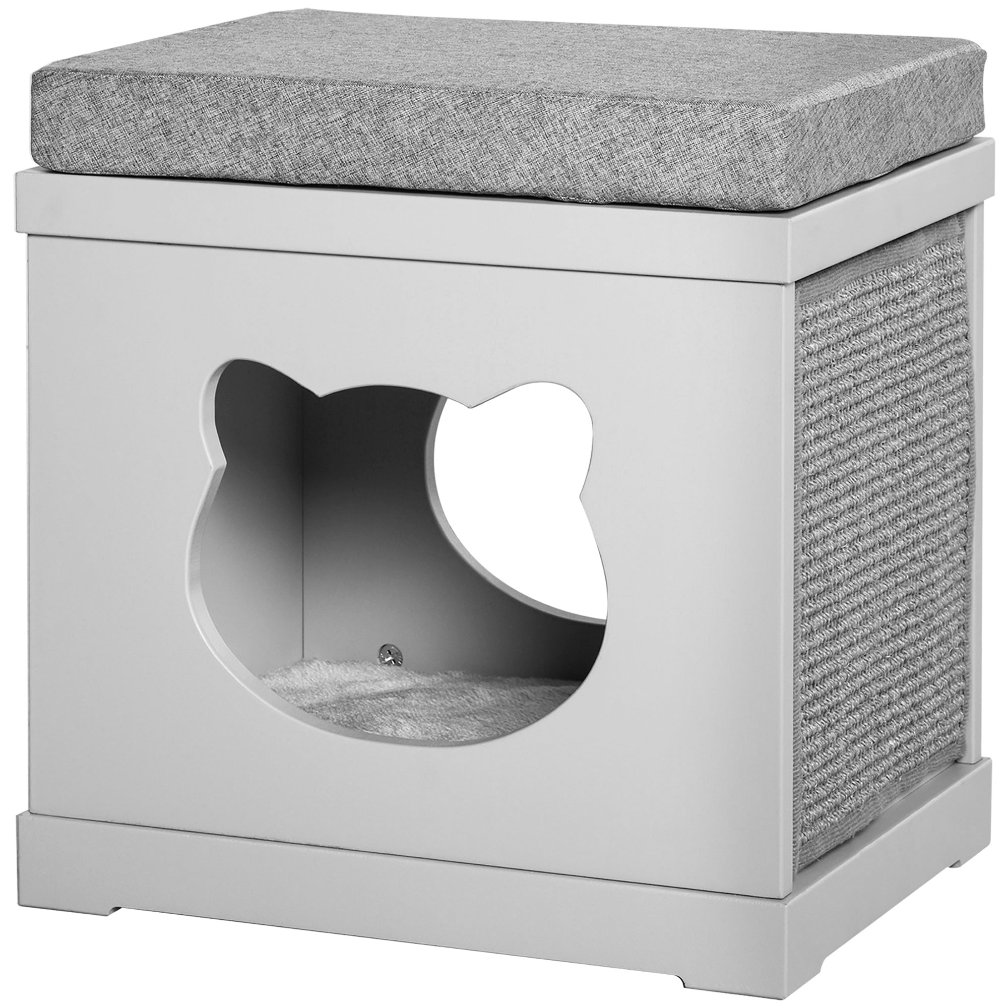 PawHut Cat House Bed Kitten Cave Cube Indoor for Small Pet with Removable Sisal Scratching Pads Soft Cushions, 41x30x36 cm, Grey