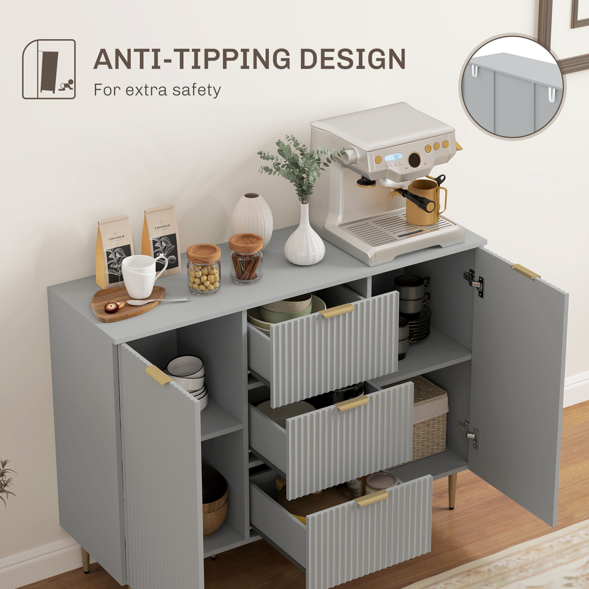 HOMCOM Sideboard Buffet Cabinet, Modern Kitchen Storage Cabinet with 3  Drawers and Adjustable Shelves, Fluted Coffee Bar Cabinet with Metal Legs for Kitchen Hallway, Grey