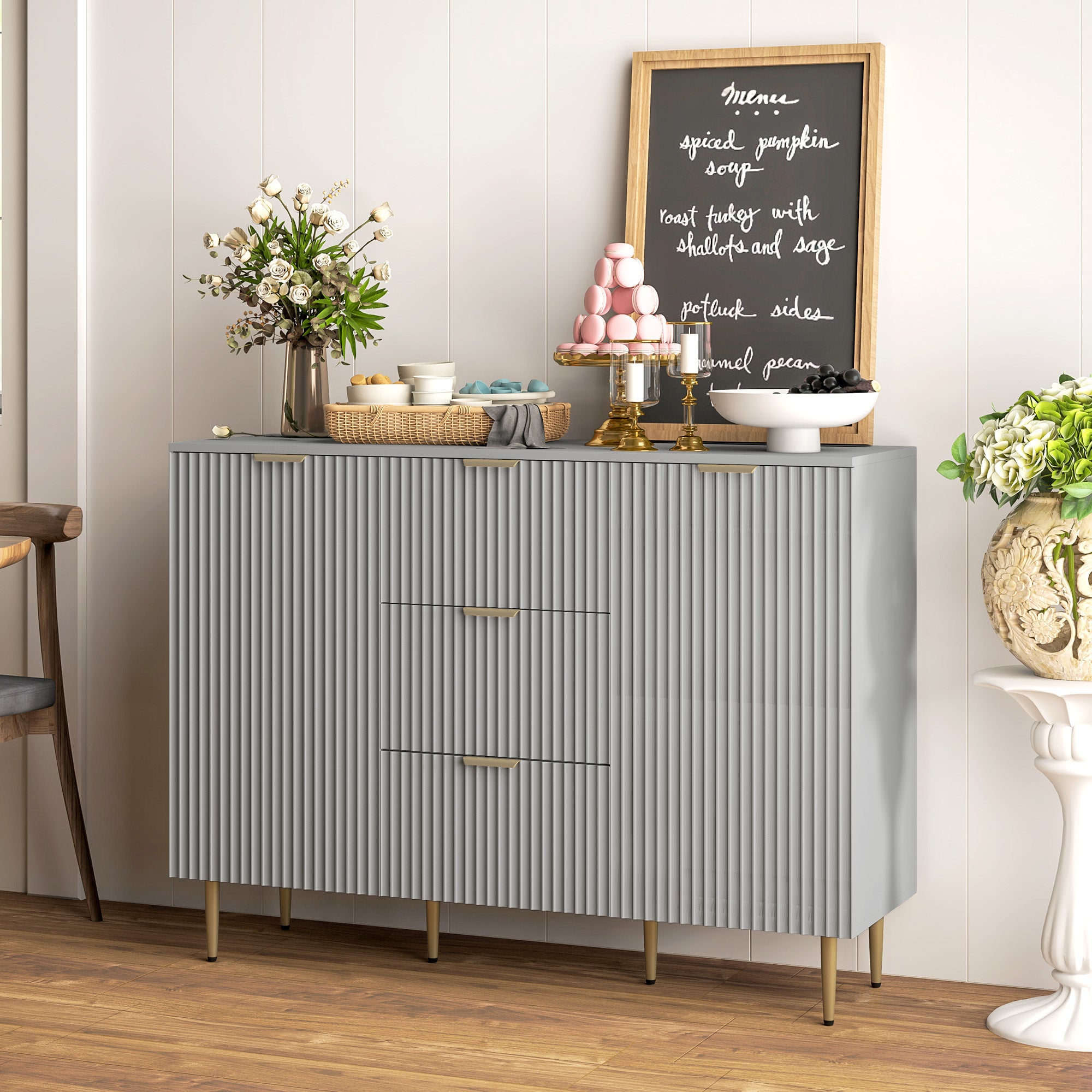 HOMCOM Sideboard Buffet Cabinet, Modern Kitchen Storage Cabinet with 3  Drawers and Adjustable Shelves, Fluted Coffee Bar Cabinet with Metal Legs for Kitchen Hallway, Grey