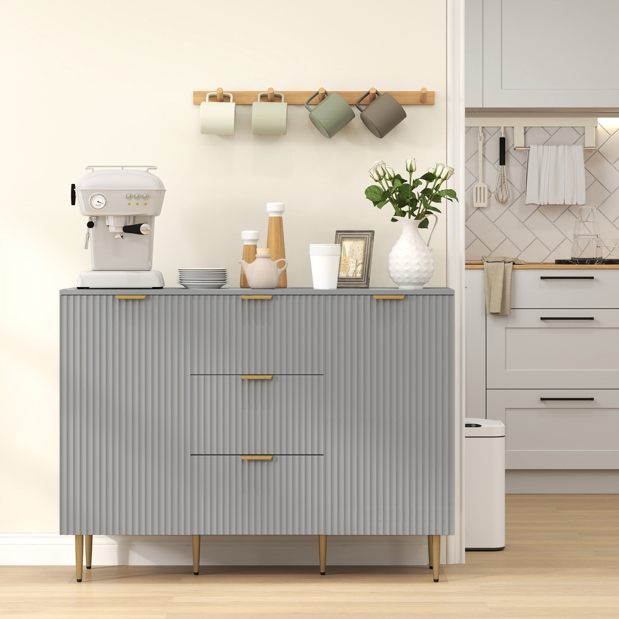 HOMCOM Sideboard Buffet Cabinet, Modern Kitchen Storage Cabinet with 3  Drawers and Adjustable Shelves, Fluted Coffee Bar Cabinet with Metal Legs for Kitchen Hallway, Grey