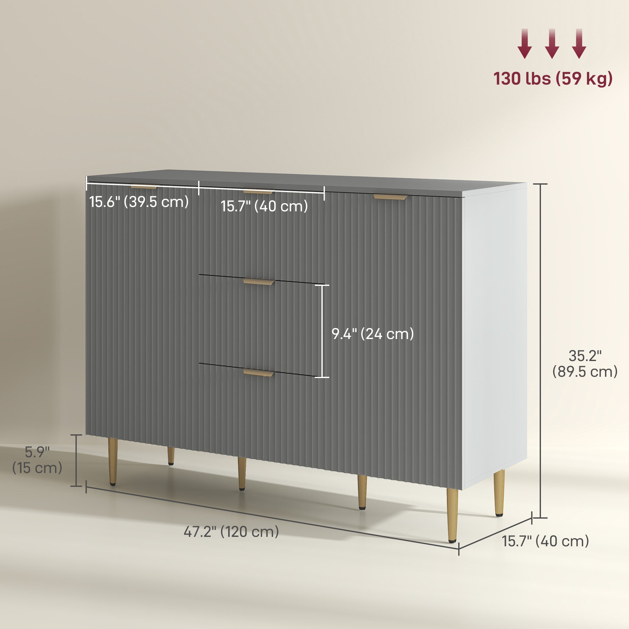 HOMCOM Sideboard Buffet Cabinet, Modern Kitchen Storage Cabinet with 3  Drawers and Adjustable Shelves, Fluted Coffee Bar Cabinet with Metal Legs for Kitchen Hallway, Grey
