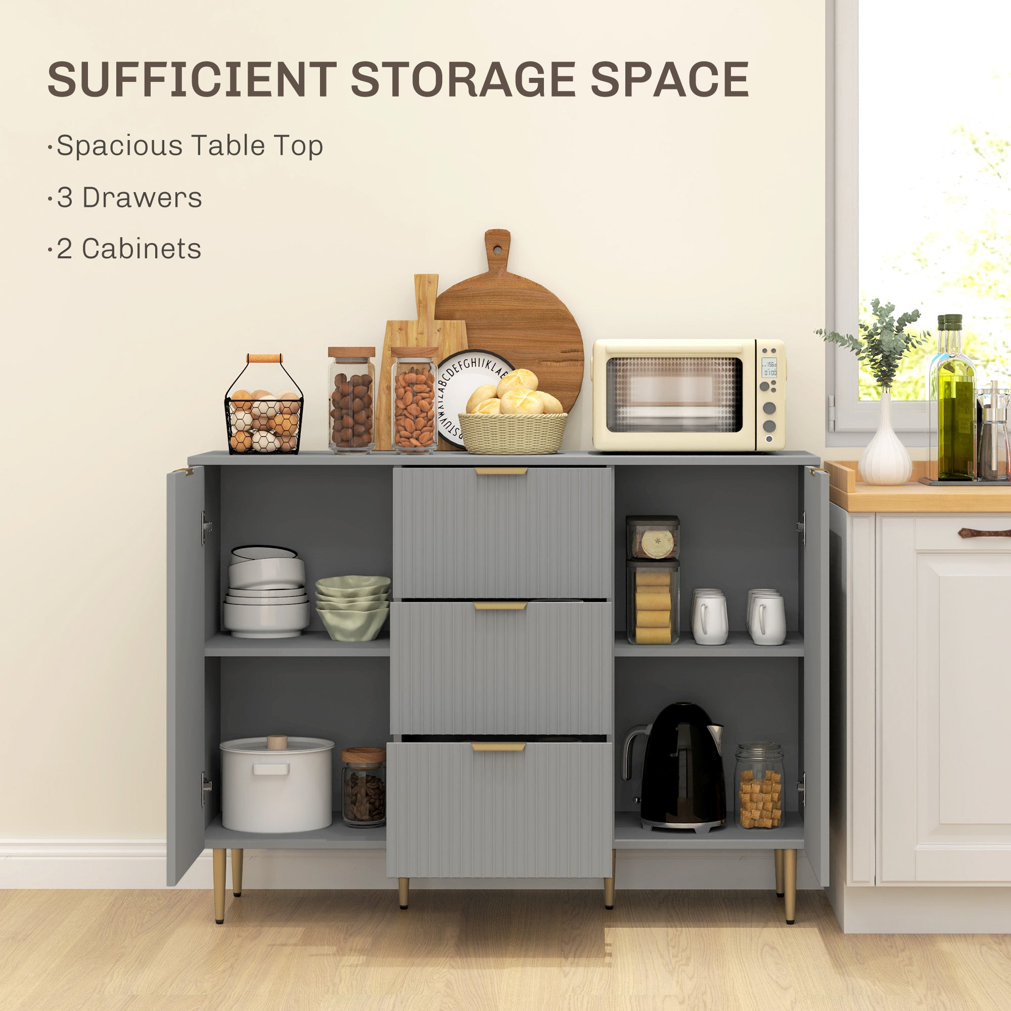 HOMCOM Sideboard Buffet Cabinet, Modern Kitchen Storage Cabinet with 3  Drawers and Adjustable Shelves, Fluted Coffee Bar Cabinet with Metal Legs for Kitchen Hallway, Grey